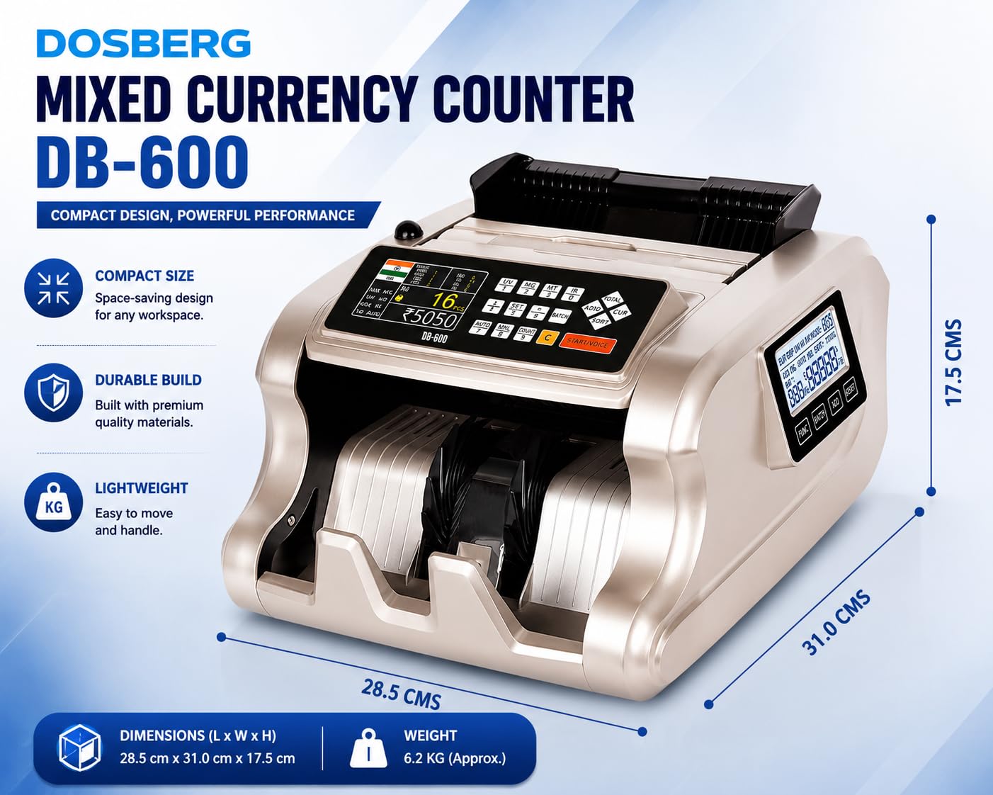 Dosberg 2026 New Automatic Mixed Note Value Counting Machine I DB-600 - Currency Counter with Fake Note Scan Detection I Compact, Portable & Heavy Duty I Dual Machine Display I Quick Cash Counting 1