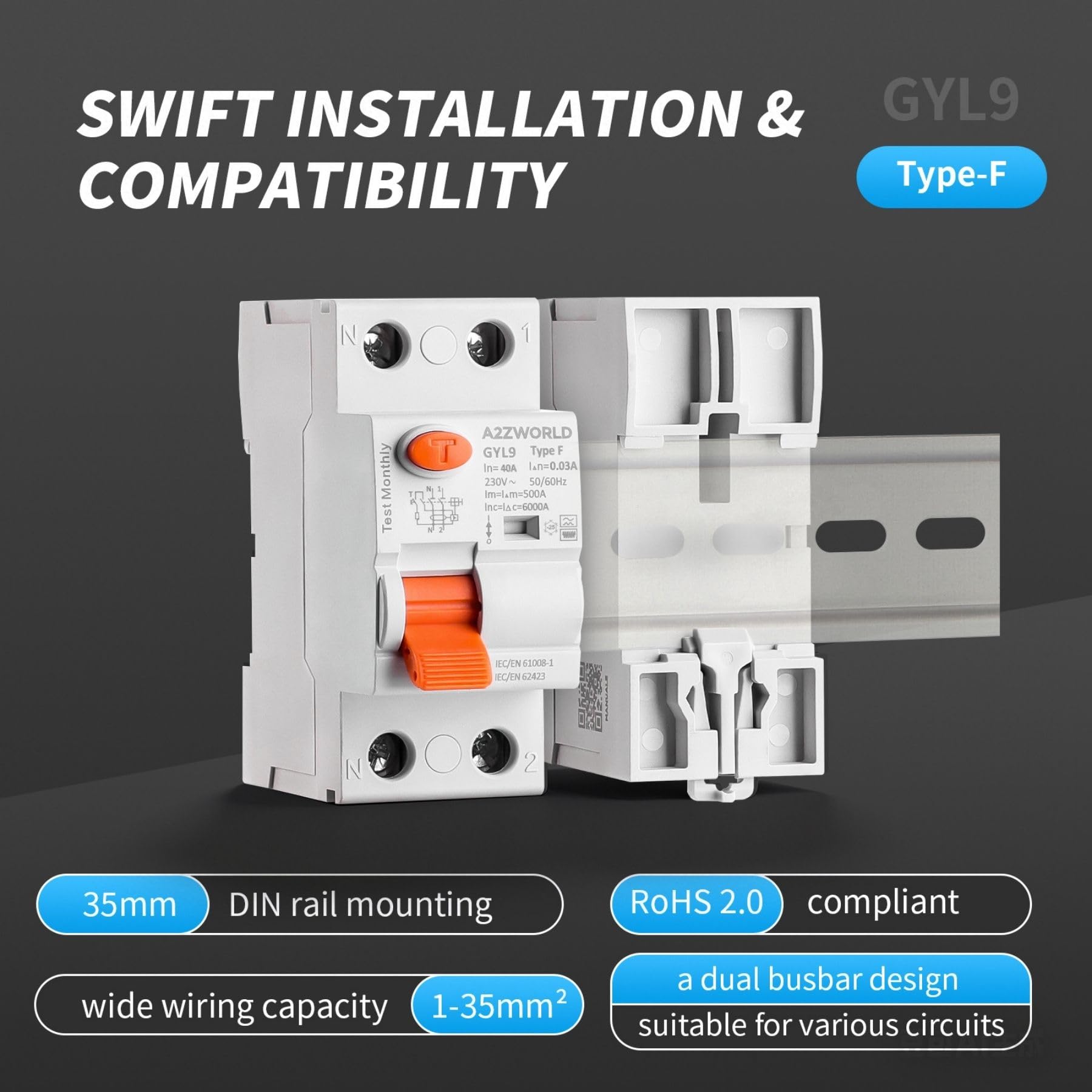 Interrupteur Différentiel Type F 63A 30mA 1P+N 6kA 2 Modules DIN Haute Immunité Onduleur Monophasé