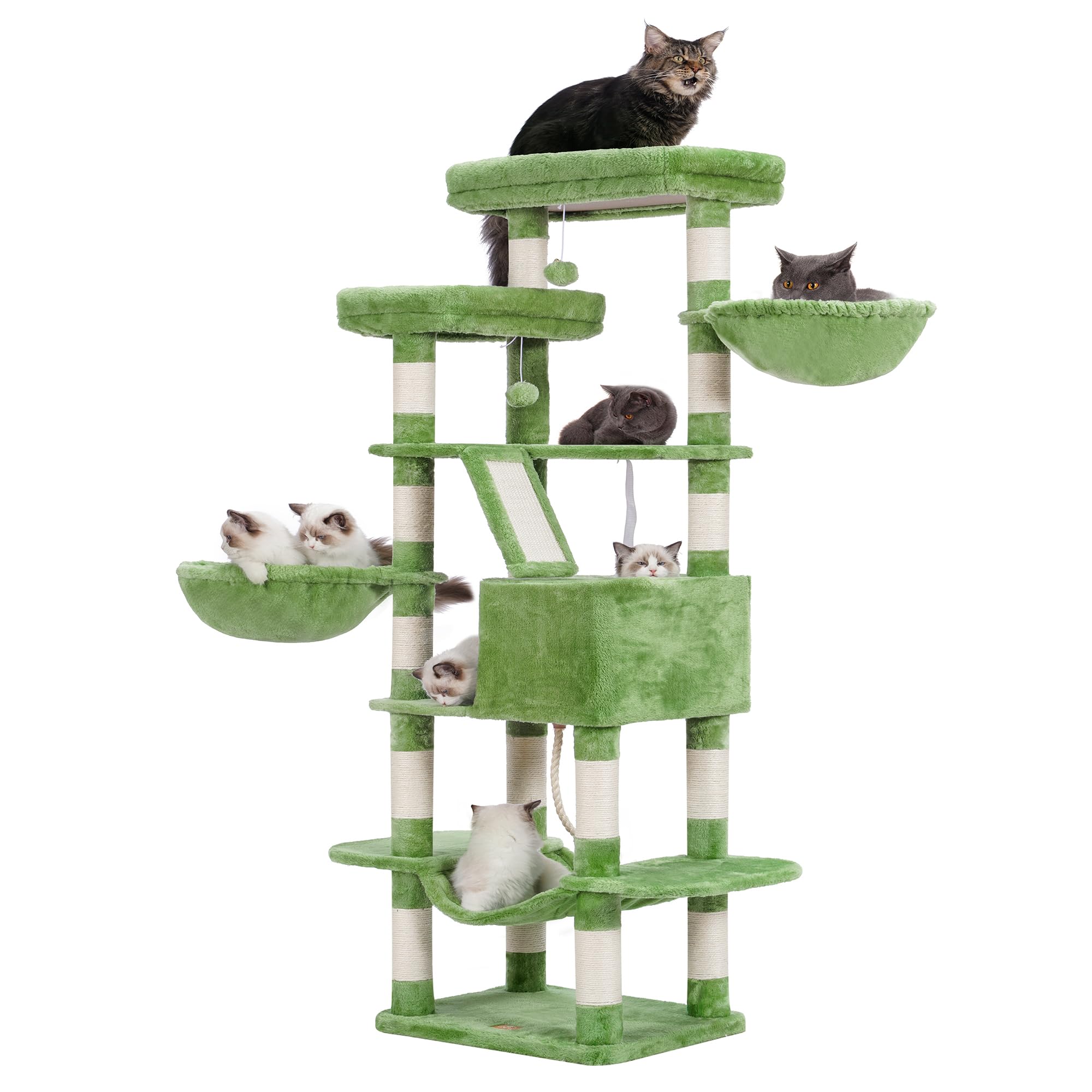 HeyblyHebly Cat Tree,68 inch Multi-Level Cat Tower for Indoor Cats,2 Widened Plush Perches Cat Condo with Scracthing Board and Big Caves,Green HCT025GR