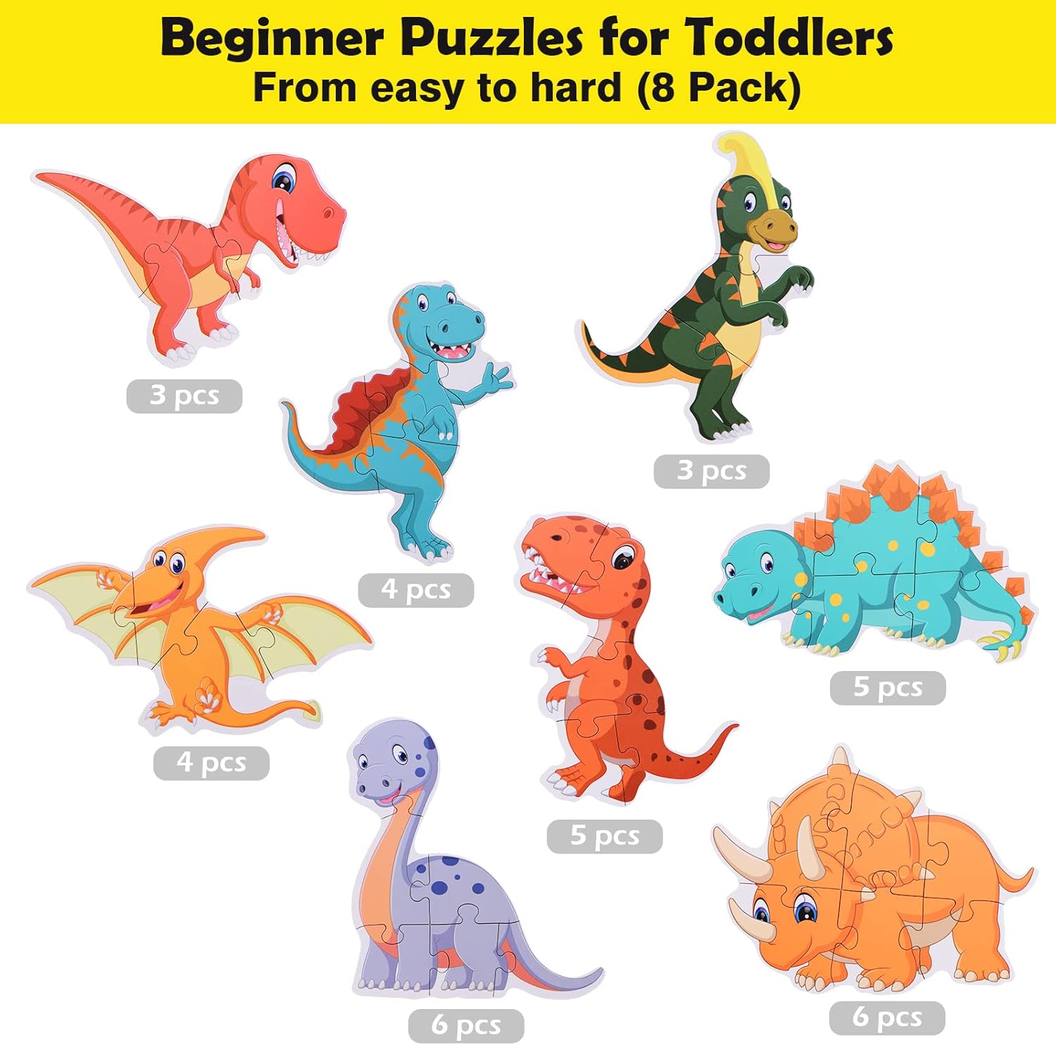 BEESTECH Beginner Dinosaur Puzzles for 3, 4 Year Old Toddlers, 8 Pack Jigsaw Educational Learning Puzzles for Toddlers, 8 Different Dinosaurs with Dinosaur World Map