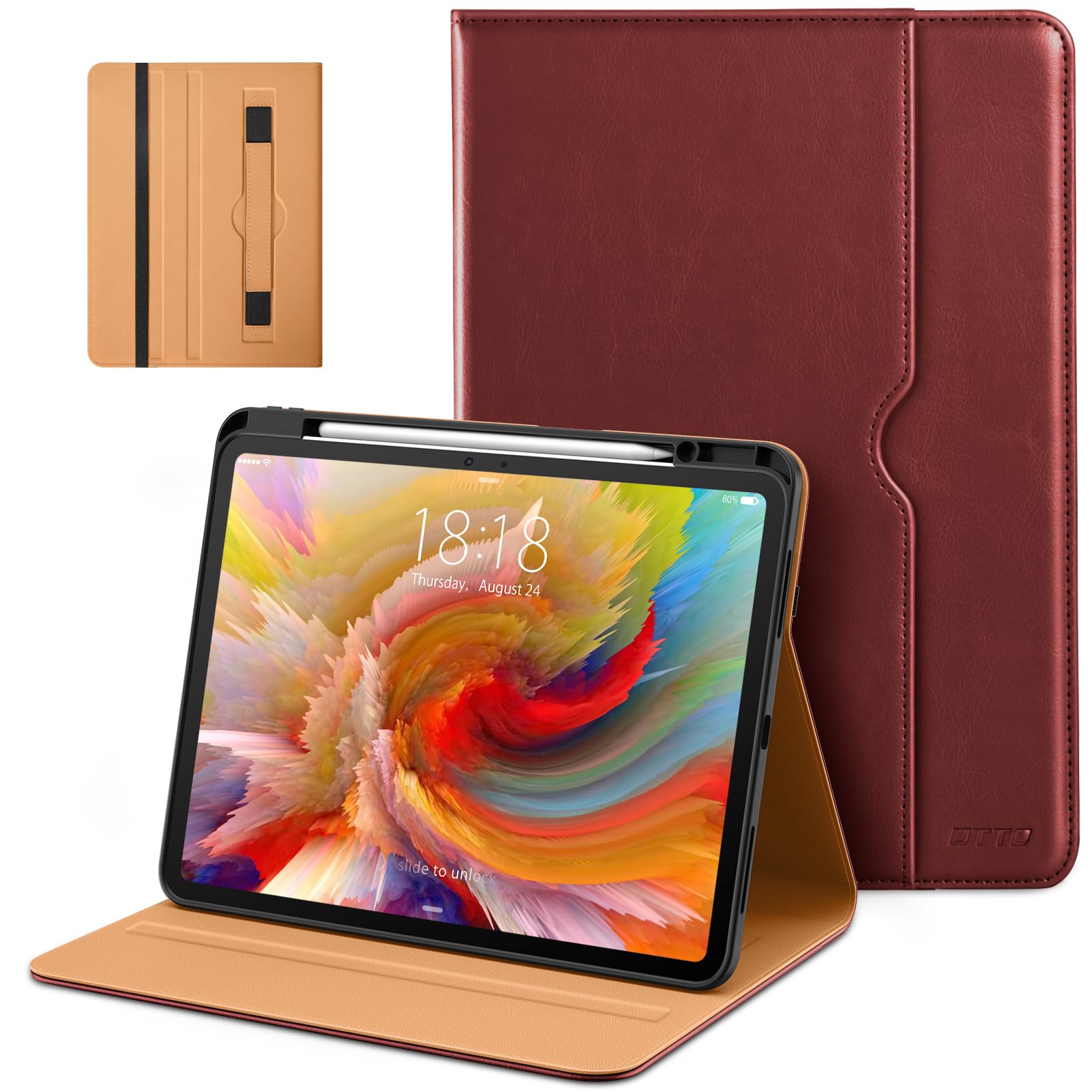 DTTO for iPad Pro 13 inch Case (M4) 2024, Premium Leather Business Folio Stand Cover with Pencil Holder - Auto Wake/Sleep and Multiple Viewing Angles, Built in Hand Strap & Pocket, Burgundy Red
