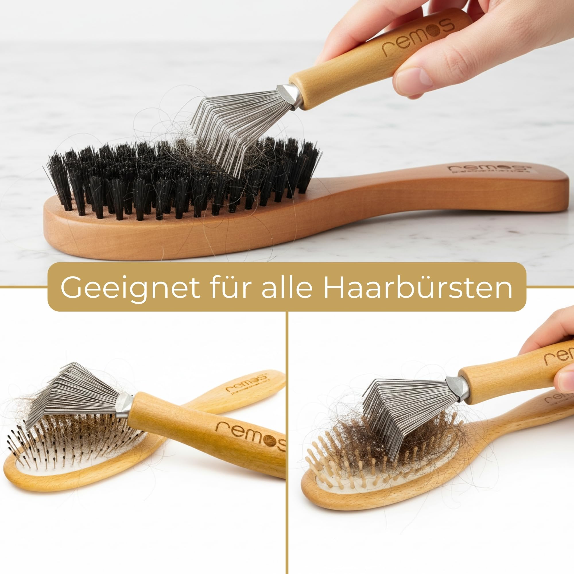 REMOS - Detergente per spazzole in legno, efficace strumento di pulizia per spazzole per capelli, zincatura in metallo durevole, manico ergonomico in legno, facile da pulire e da usare