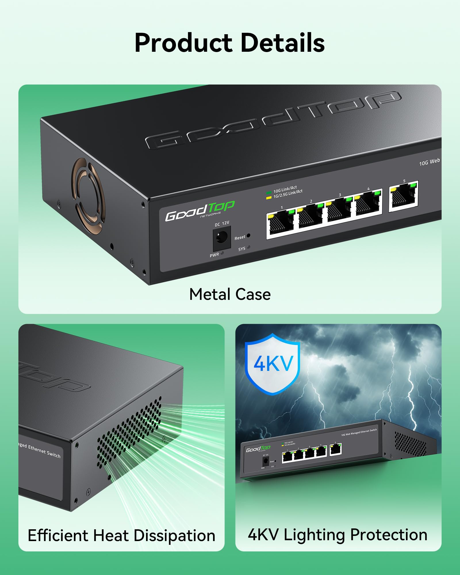 5-portowy przełącznik zarządzany 10 G, LAN Switch 10 Gbit z cichym