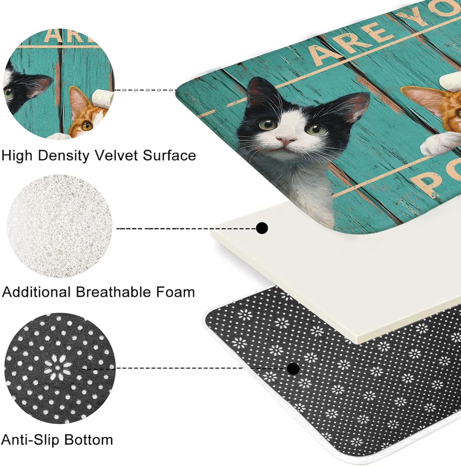Mocsicka Vintage Funny Cat Shower Curtain Set Retro Green Plank Door Farmhouse Black Cat Bath Decor Set Funny Bath Curtain Set with Anti-Slip Waterproof Bathtub Bathroom Rugs Toilet Lid Cover