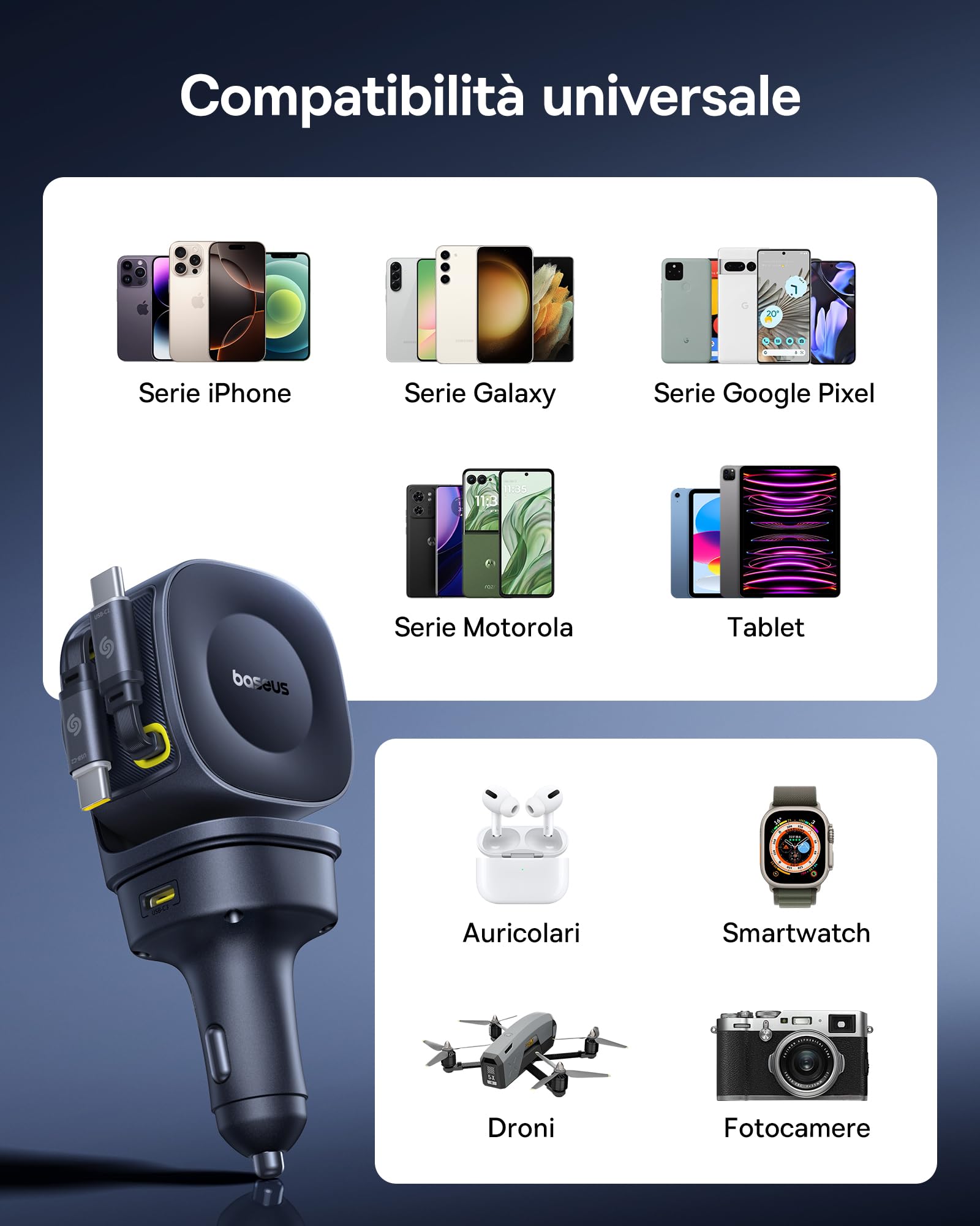 Baseus Caricatore Auto Retrattile 163W, Adattatore di Ricarica Rapida 4 Porte USB-C/USB con Doppio Cavo 67W Integrato, Regolabile a 450°, Caricatore Compatto per Laptop, Tablet, Smartphone