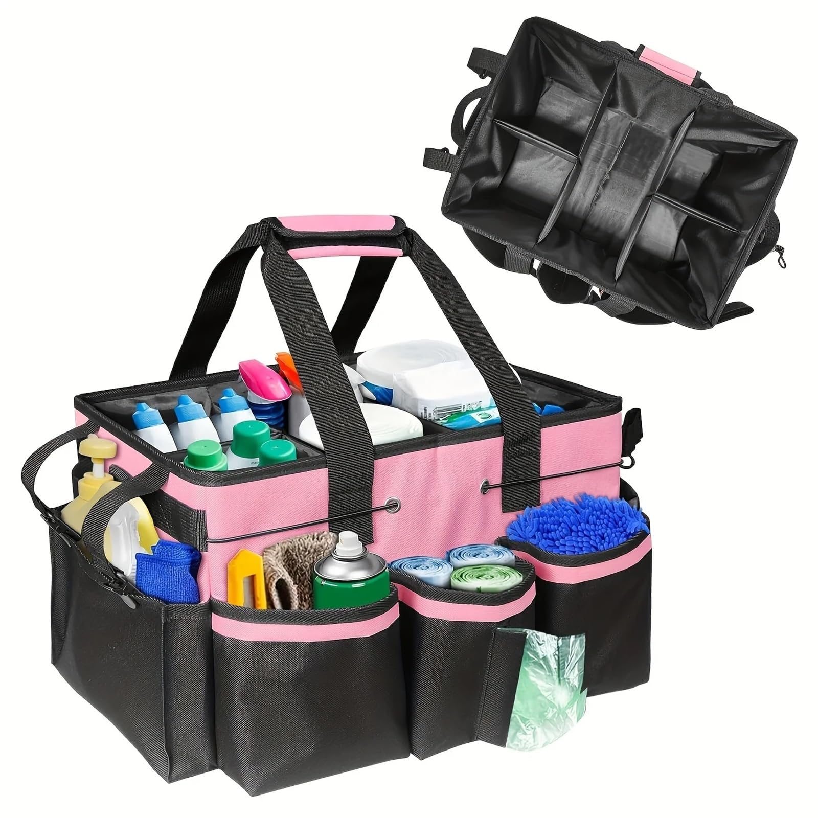 Reinigungs-Caddy-Tasche Robuste Aufbewahrungstasche for Reinigungswerkzeuge. Multifunktionale Werkzeugtasche. Große Kapazität. aus Oxford-Stoff(Pink)