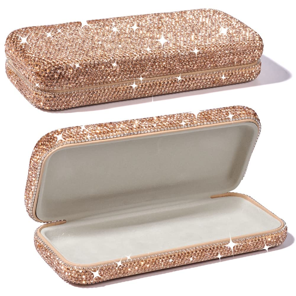 JSCARLIFE Eyeglasses Glasses Case, Bling Crystal Rhinestone Sunglasses Holder Hard Shell Protective Large Eyeglass Case Storage Box for Eyeglasses Sunglasses (Golden)