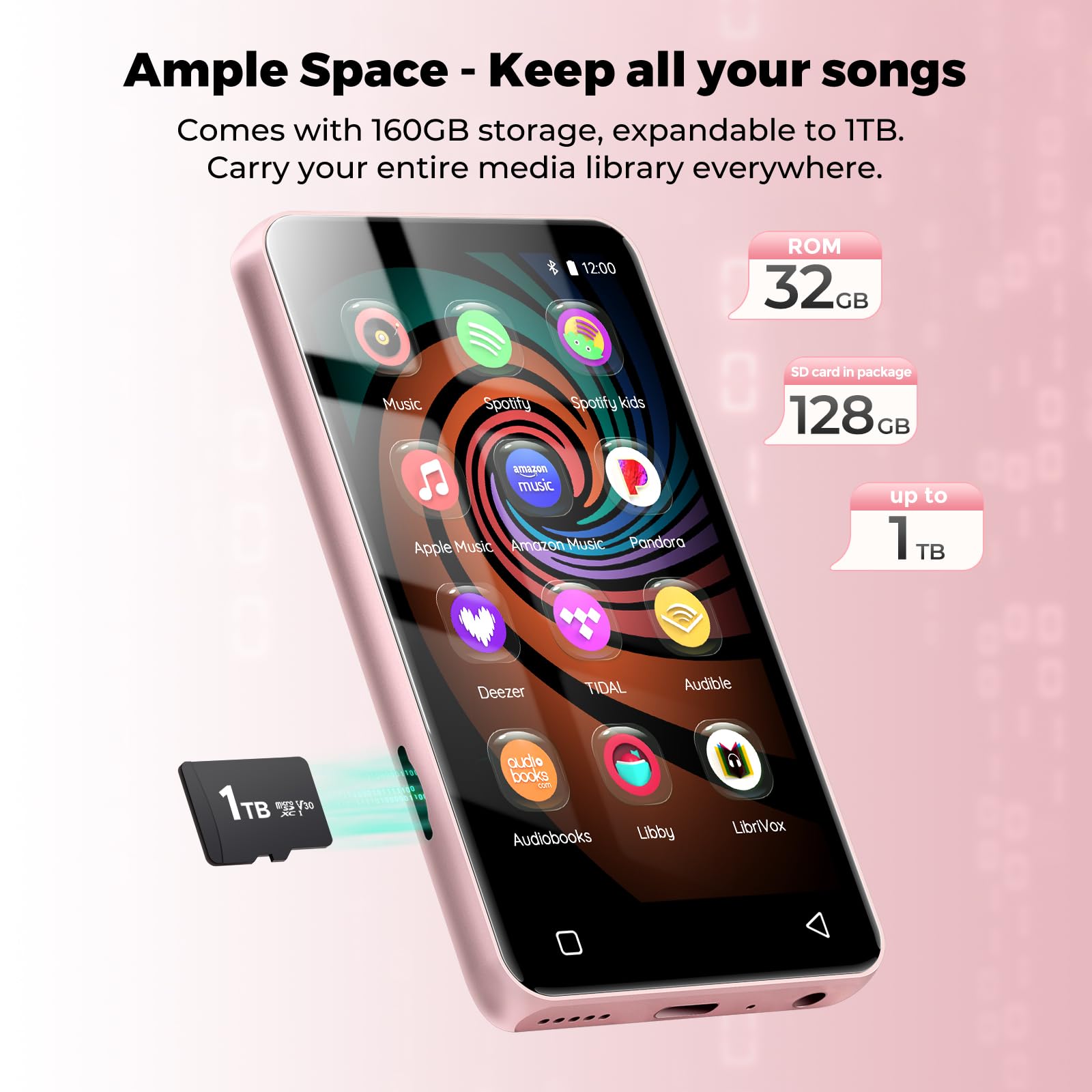 Reproductor MP3 de 160 GB con Bluetooth y WiFi, reproductor de música innioasis con Spotify, Pandora, Amazon Music, pantalla táctil de Android MP4, reproductor MP3 para niños con Libby, Audible,