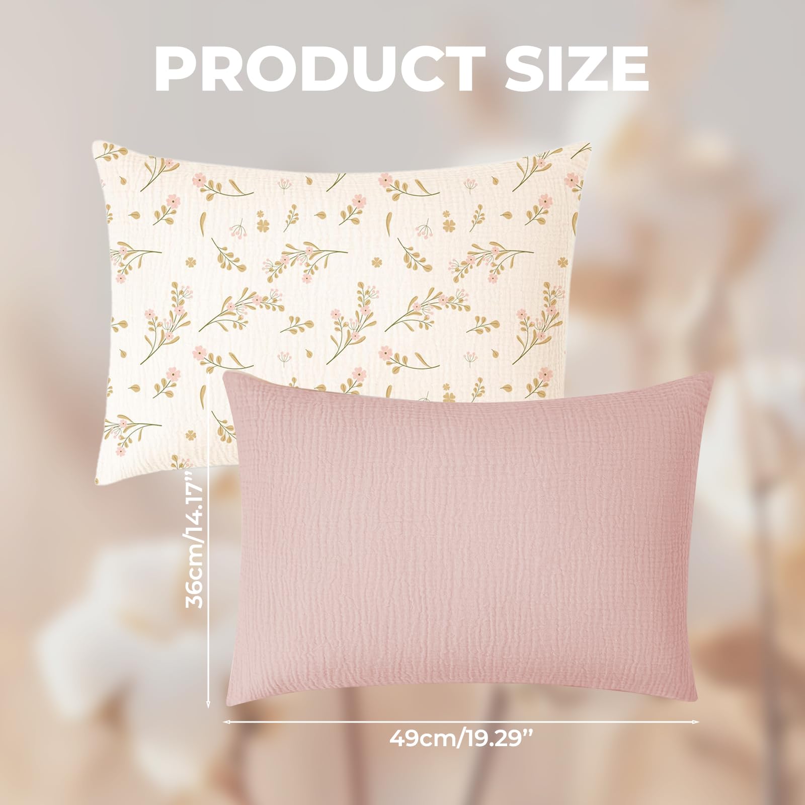 2 Pcs Toddler Pillow Cases Cotton Muslin Soft Breathable Toddler Pillow Cases Protectors for Baby Kids (Light Pink, Floral) - Image 2