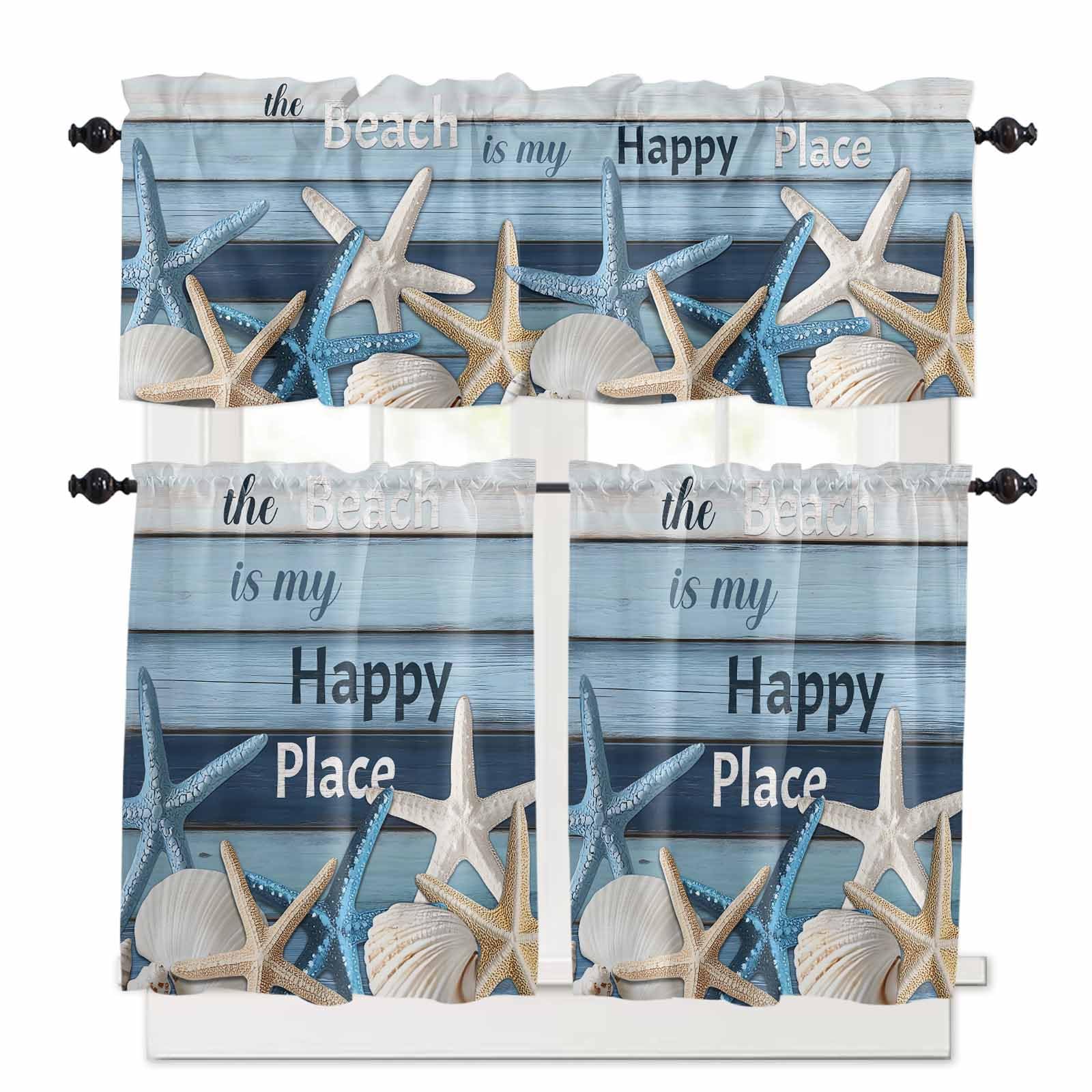 Coastal Beach Kitchen Curtains 36 Inch Length, 3 Piece Rod Pocket Small Half Tiers and Valance Set, Ocean Starfish Farmhouse Plank Small Large Window Treatment Decor for Bedroom/Bathroom Sink