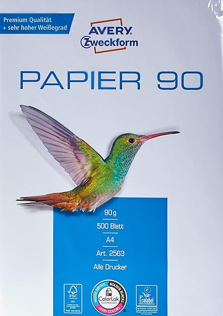 Avery Zweckform 2563 Papier Do drukarki/Kopiarek, 500 arkuszy, 90 g/m², Papier DIN A4, Biały, Do wszystkich drukarek, 1 opakowanie