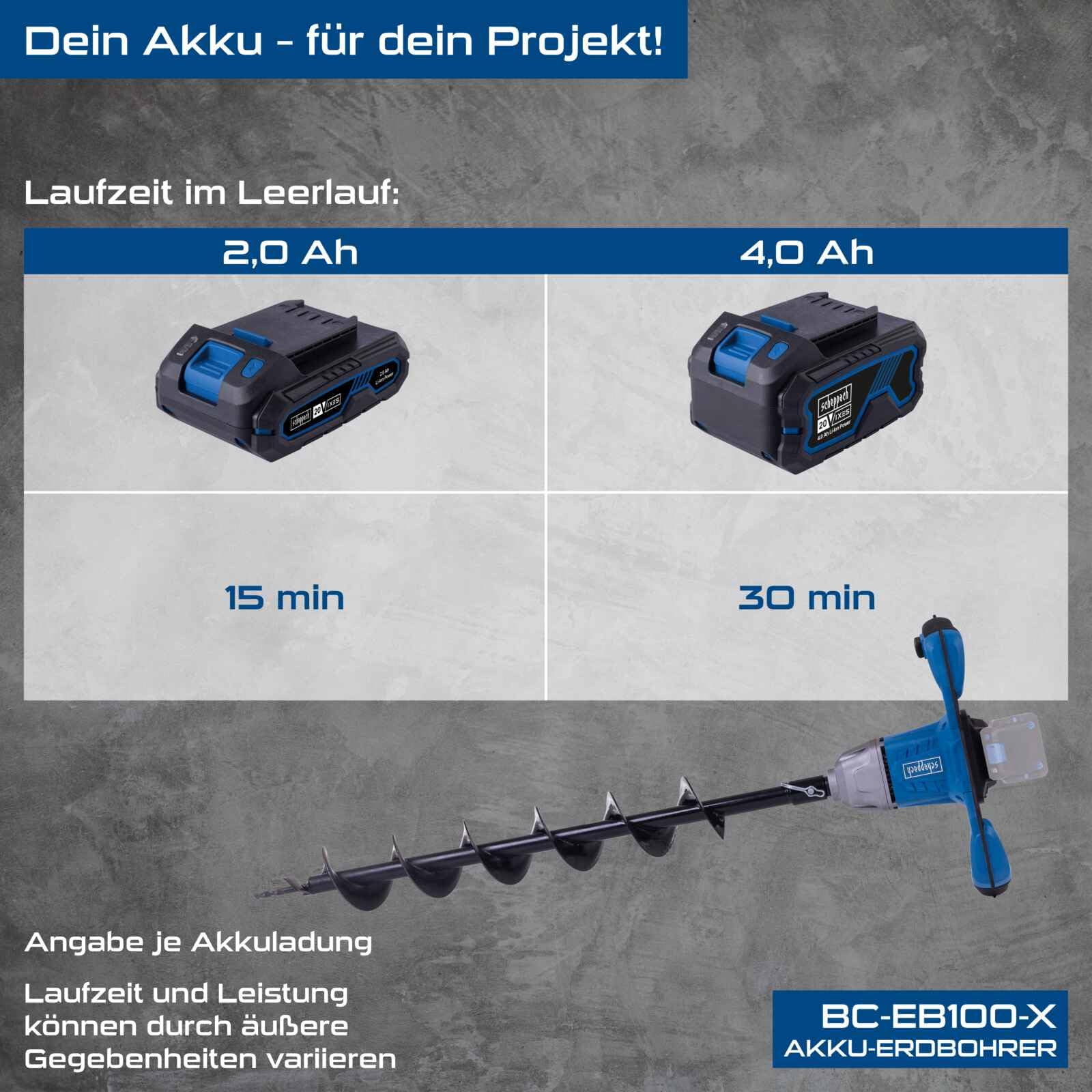 Scheppach Akku Erdbohrer BC-EB100-X | Bohrerlänge 800mm | Bohrer Ø100mm | Bohrerdrehzahl 125 U/Min | 3 verschieden Betriebsmodi | Brusless | 20V-IXES-Serie | 10 Jahre Garantie | Ohne Akku & Ladegerät