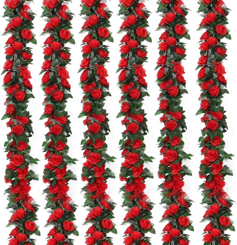Musdoney 6 Pack 43.3 FT Fake Rose Vine Flowers Plants Artificial Flower Hanging Rose Ivy Home Hotel Office Wedding Party Garden Craft Art Décor (Red)
