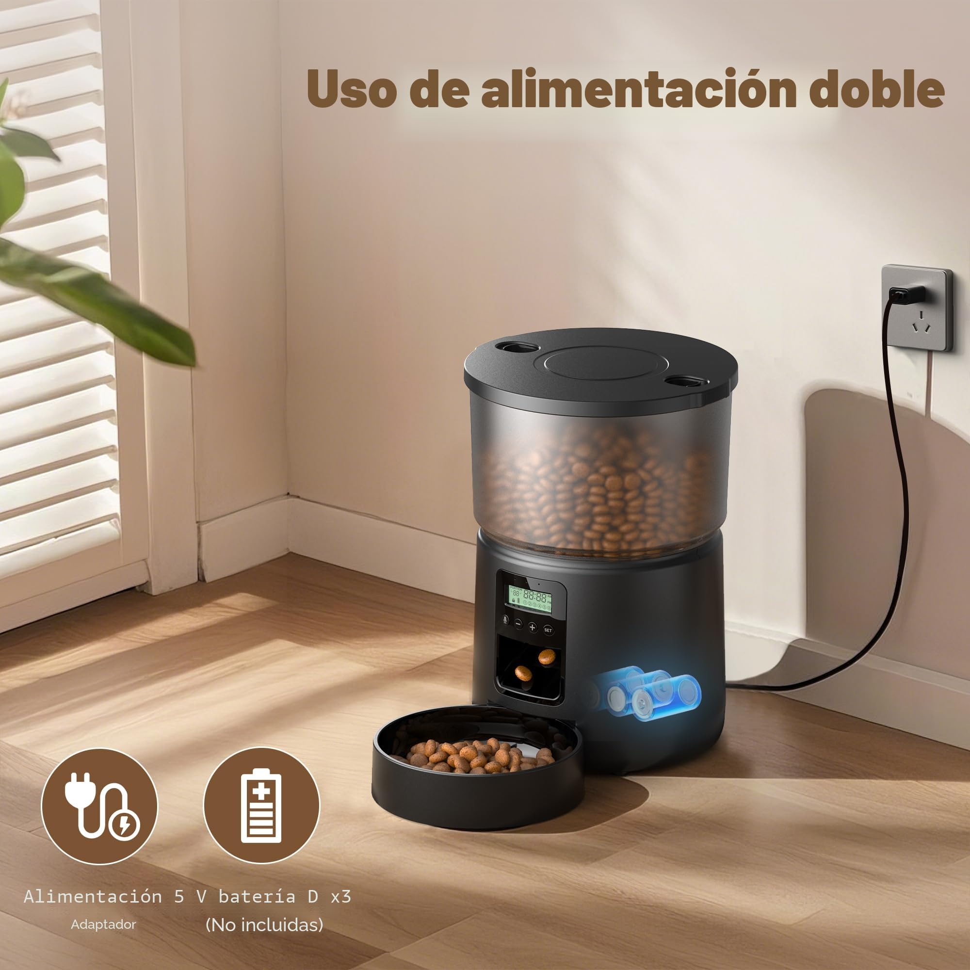 Comedero Gato Automatico y Fuente para Gatos: Dispensador Comida Gatos con Programable Temporizador 6 Comida al Día - 3L Alimentador Perro y 2.4L Bebedero para Pequeño/Mediano Mascota - 10S Grabación