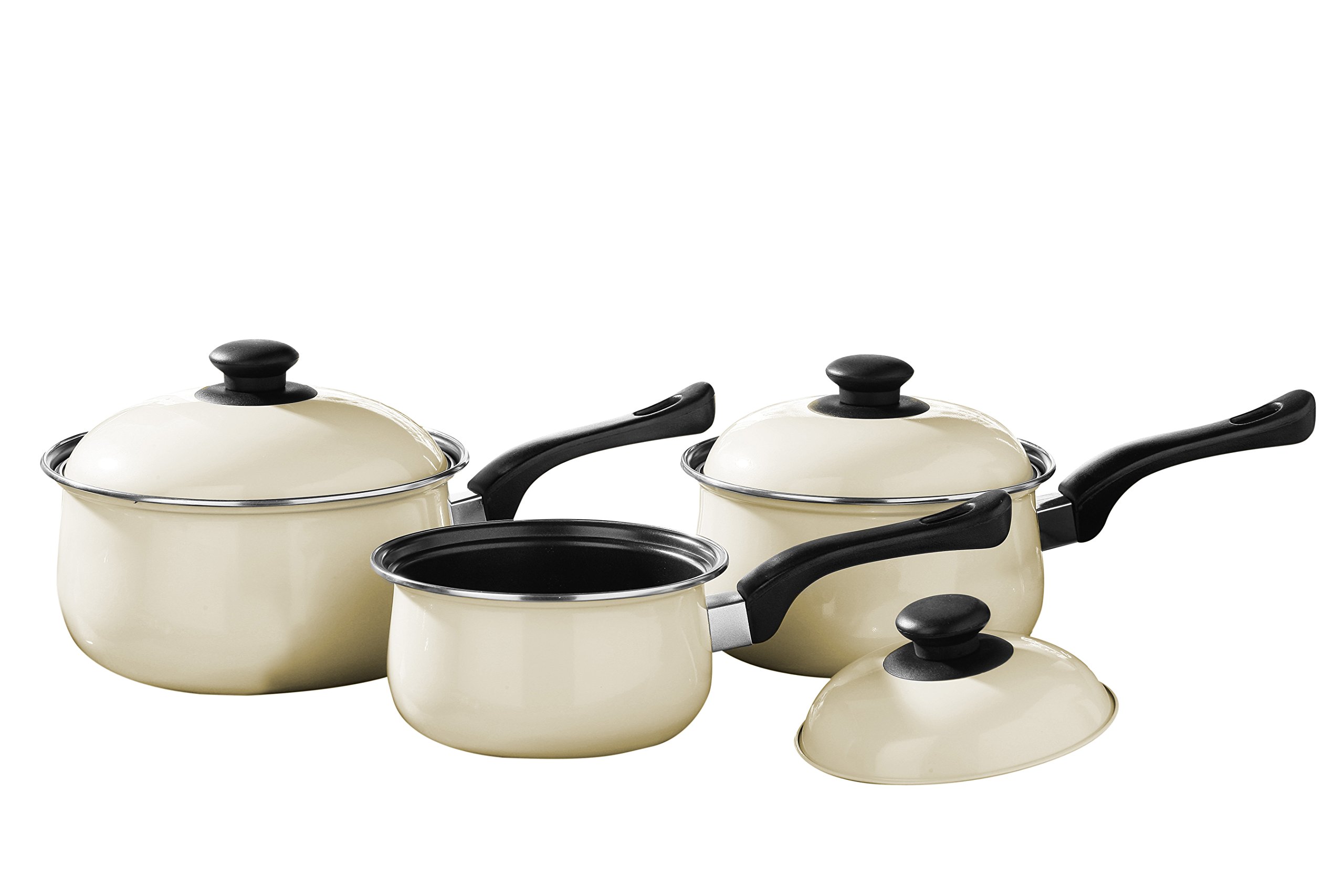 Premier Housewares Pots And Pans Sets Non Stick Set Of 3 Alloy Black / Cream Cookware Everyday Use Kitchen Set Dishwasher Safe Cooking Pans With Lids