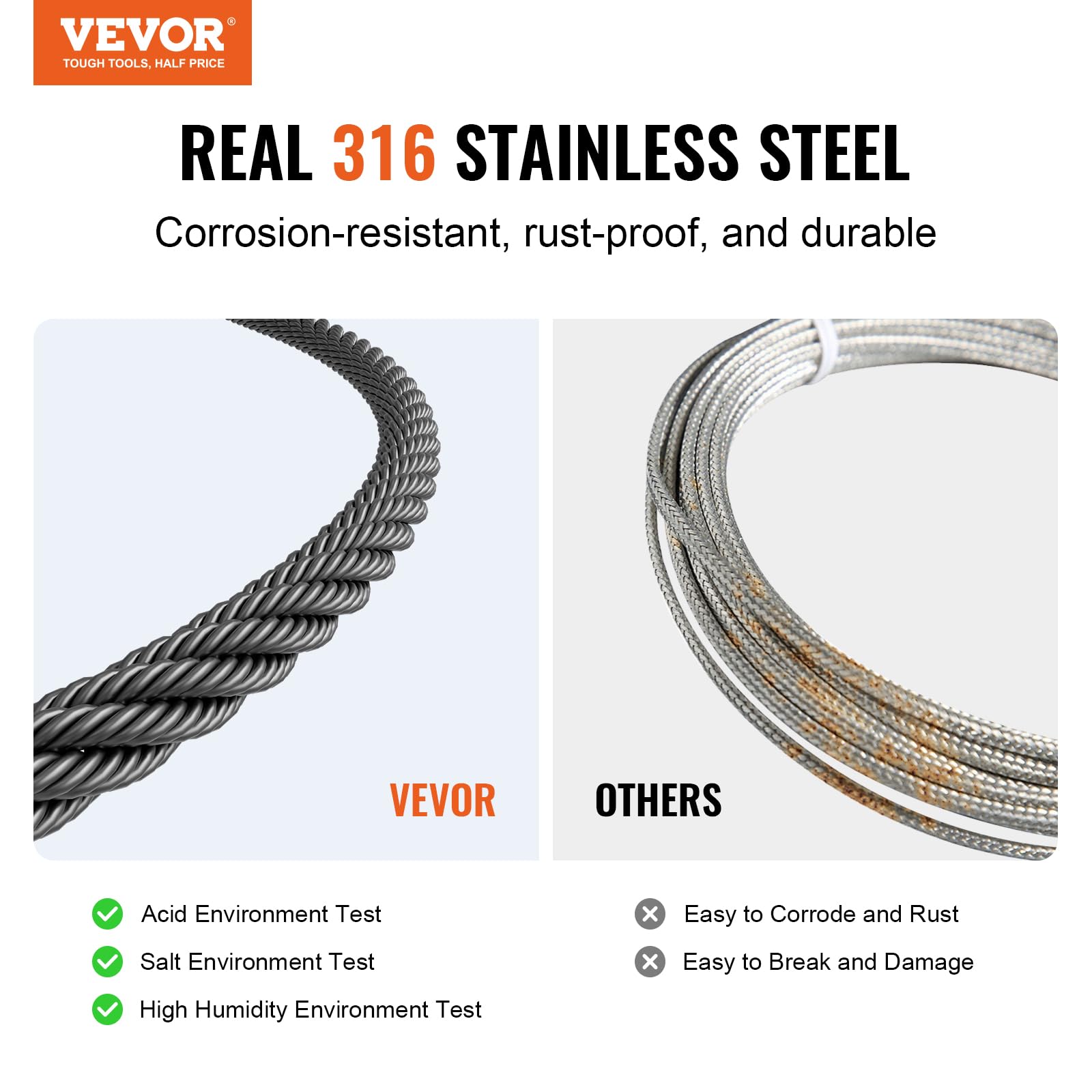 VEVOR Câble Acier Inoxydable, 3,18 mm x 152,4 m, Câble Métallique Inox 316 Tressé 7x7 Qualité Aéronautique Marine avec Coupe-fil, Gants, Résistance de Rupture 7,1 kN, pour Garde-corps, Clôture, Rampe