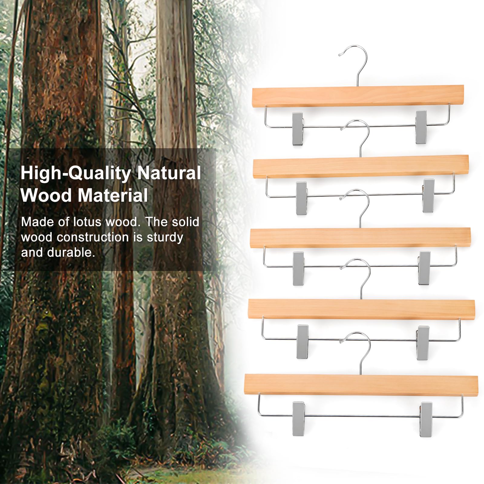 TOPIA HANGER Perchas de madera de loto para pantalones, falda de madera natural, para pantalones cortos con superficie lisa, gancho giratorio de 360°, antioxidante, 2 clips ajustables, paquete de 10