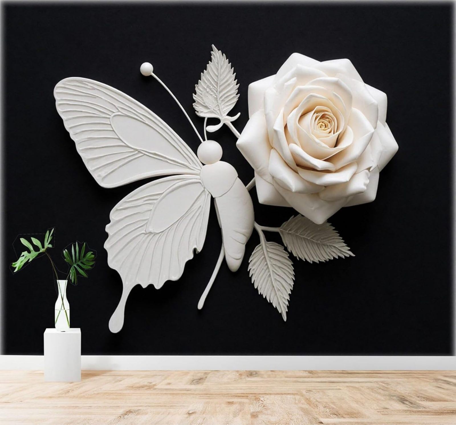 Tzxztt Minimalist White Butterfly Rose with Leaves Art Black Background Modern 3D Wallpaper Premium Textured Silk Neutral Tones Material Ideal for Living Room Bedroom-350cm×256cm