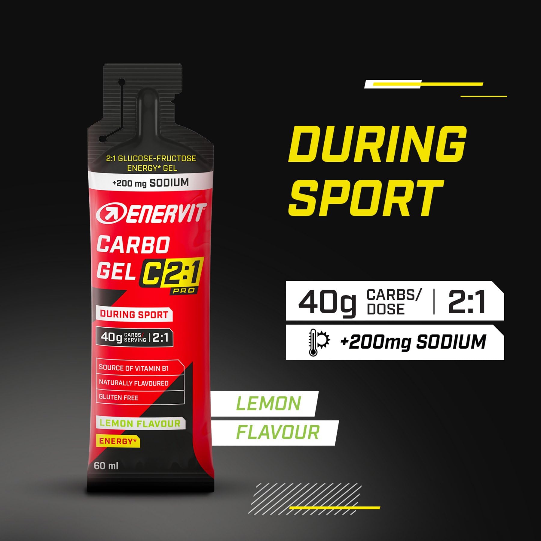 Enervit Carbo Gel C2:1PRO con Sodio, Gel Energetico per Sport Intenso, 40g Carboidrati, Zero Grassi, Gluten Free, Gusto Lime, Vitamina B1, Ideale per Atleti, 200mg Sodio, Confezione da 24