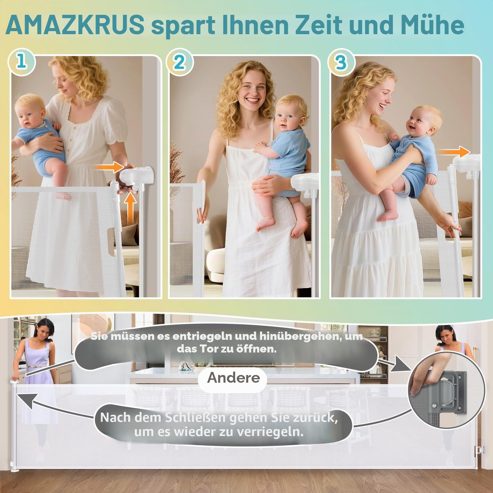400 cm einziehbares Babygitter, extra breit, verbessertes 105 cm hohes einziehbares Treppenschutzgitter für Baby und Hund, Hundegitter, Babygitter für Treppen/Flur/Innen/Außenbereich