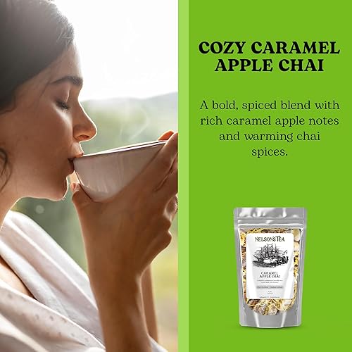 Vista 16 de Nelson's Tea Té Chai de manzana y caramelo con hojas sueltas, té rooibos rojo cortado y tamizado, té negro con chips de canela, pimienta, raíz
