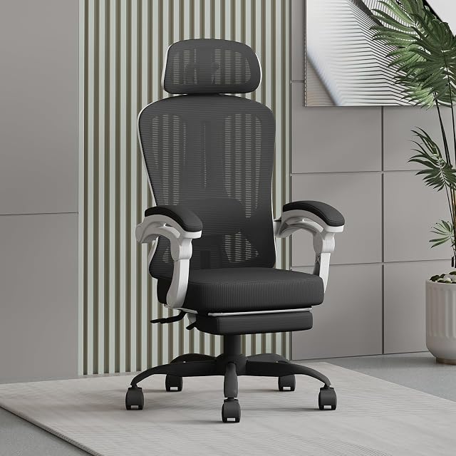 HapGIFT Ergonomic Office, Mesh Computer Chair with Footrest, Adjustable Height PC Home Office Chairs, Swivel Desk Chair with Headrest for Adults with Link Armrest, 350LBS, Black White
