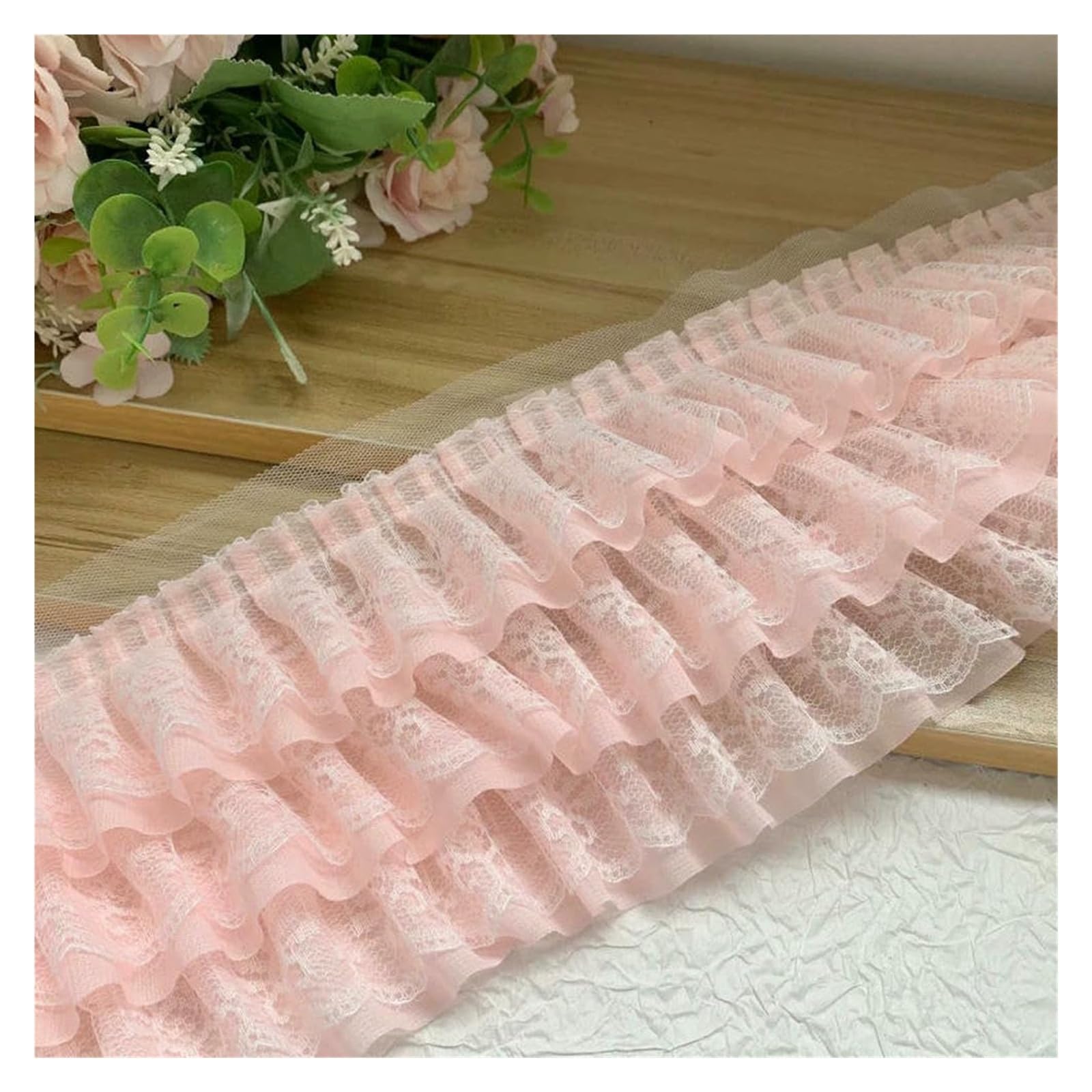 Spitzenborte zum Nähen, gerüschter plissierter Spitzenborte, 9,1 m, dreilagiger Chiffon-Rüschenborte, DIY-Dekoration (gebrochenes Weiß, 4,8 m)