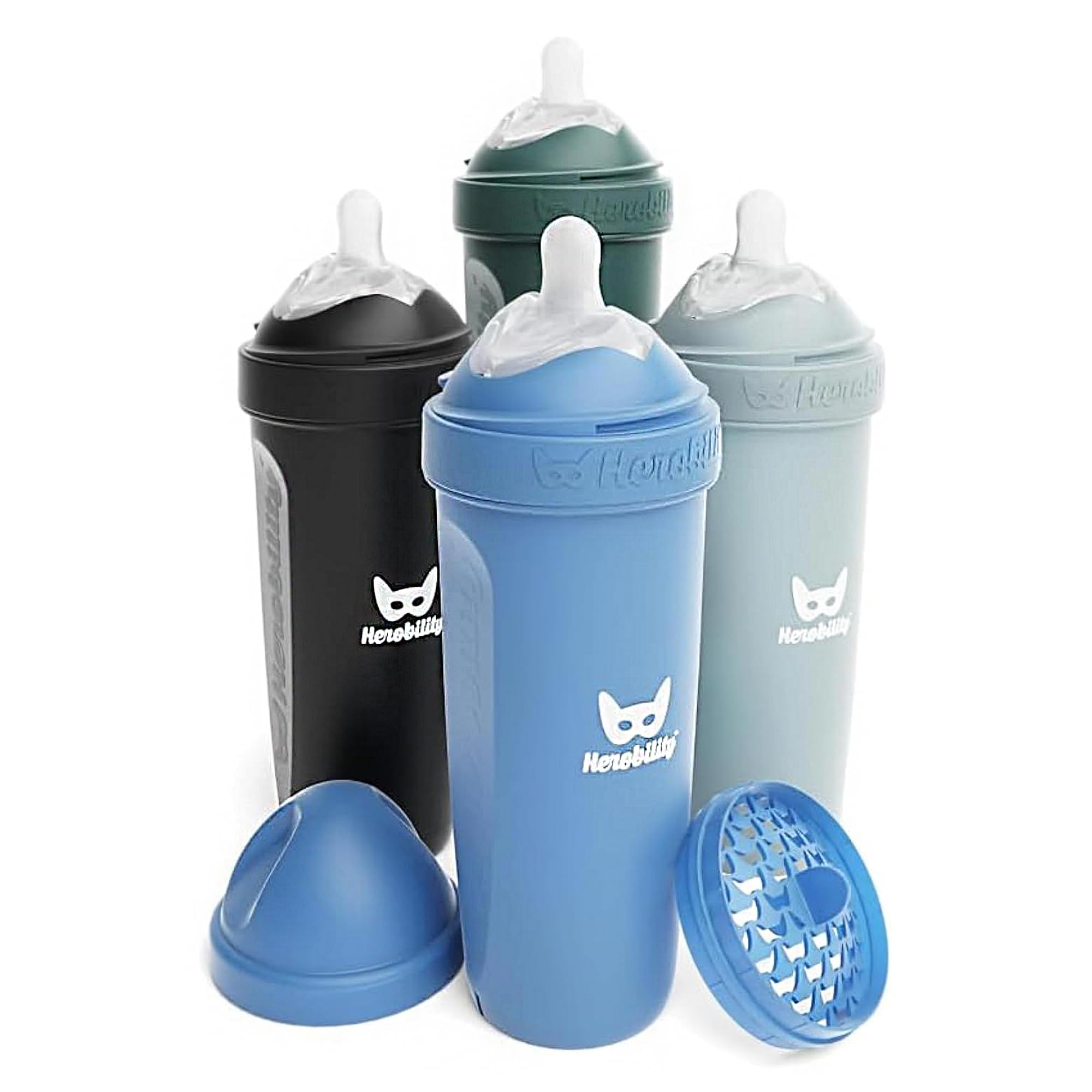 Herobility Anti-Colic Baby Bottles 12 fl oz/340ml - Pack of 4 Plastic Baby Bottles, Slow Flow Plastic Bottles, Breast-Shaped Teat for Breastfed Babies - Multicolor - Denim, Black, Dusky Green, Gray