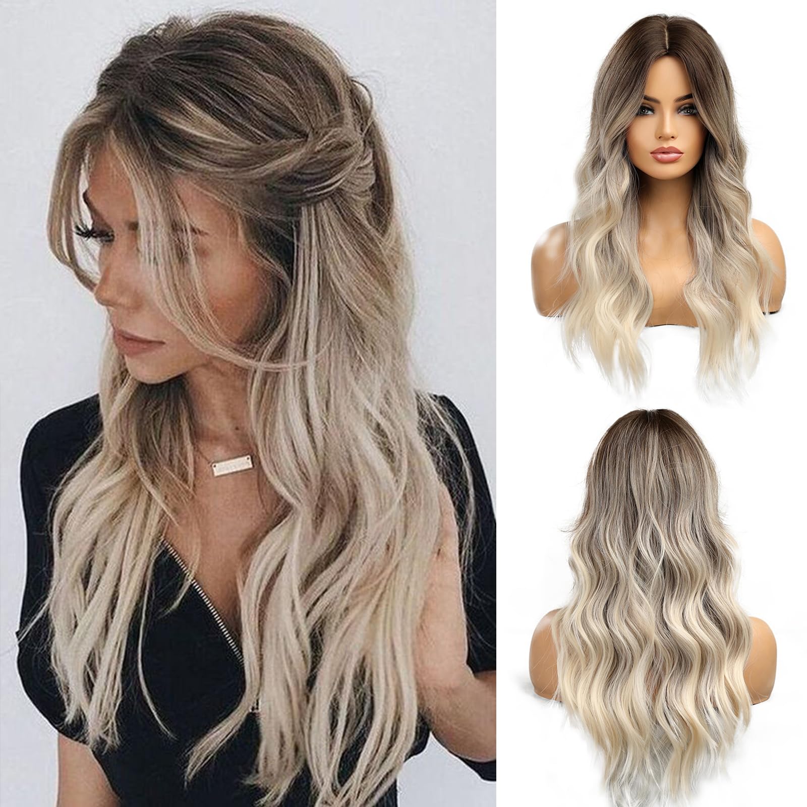 Esmee Long Wavy Ombre Brown to Blonde Wigs for Women Synthetic Hair Heat Resistant Ombre Wig for Daily Party Cosplay Use-24Inches