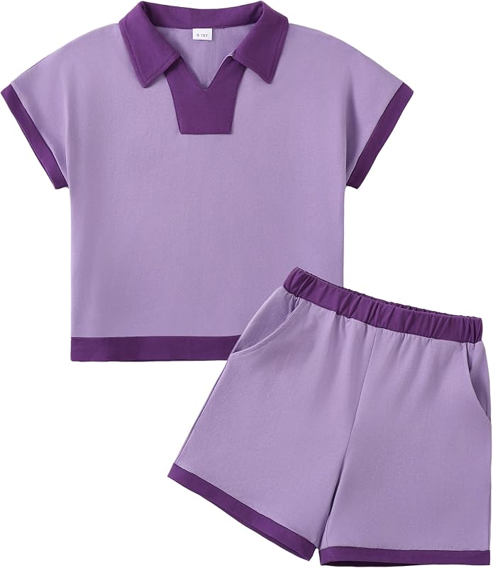 GEMLON Girls' Clothing Sets Colorblock Short Sleeve V Neck Tops and Shorts with Pockets Two Piece Short Sets 5-14 Years