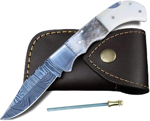 Morf Steelware - Cuchillo de bolsillo de acero de Damasco hecho a mano, cuchillo de bolsillo pequeño para exteriores, campamento, senderismo, hoja