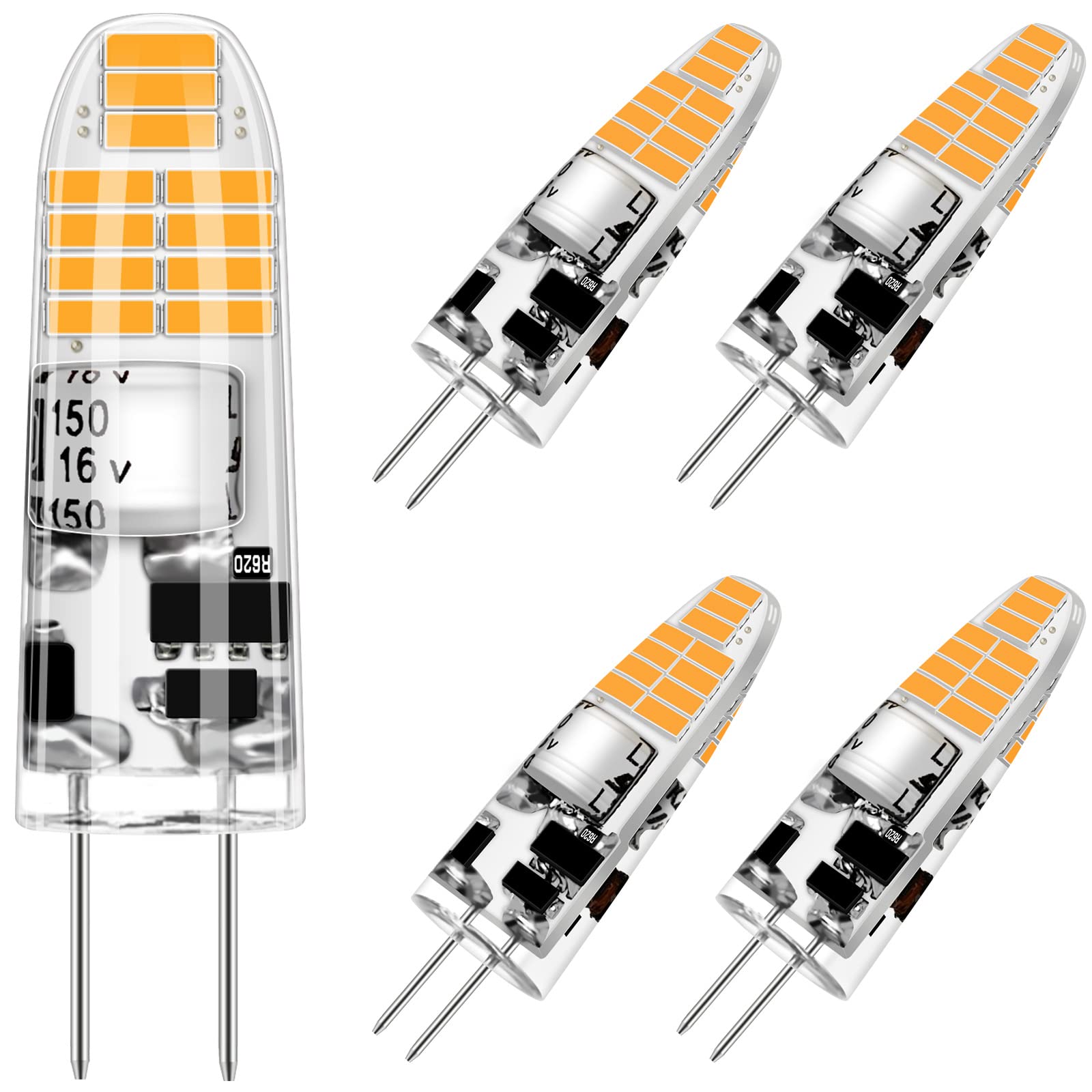 AGOTD G4 LED Lampe, Warmweiß 3000K, 2W ersetzt 20W, 12V Glühlampe 180LM, nicht dimmbar, kein Flickern, LED Stiftsockellampe, kleine Birne, 5er Pack