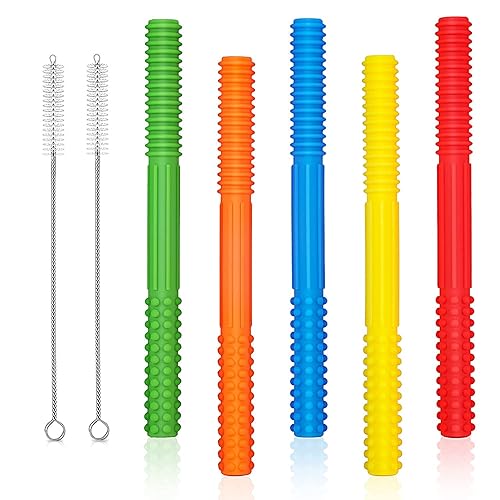 Tubo de mordedor hueco (6.8 pulgadas de largo), paquete de 5 juguetes de dentición con pajita para niños pequeños, tubos de silicona, palos de