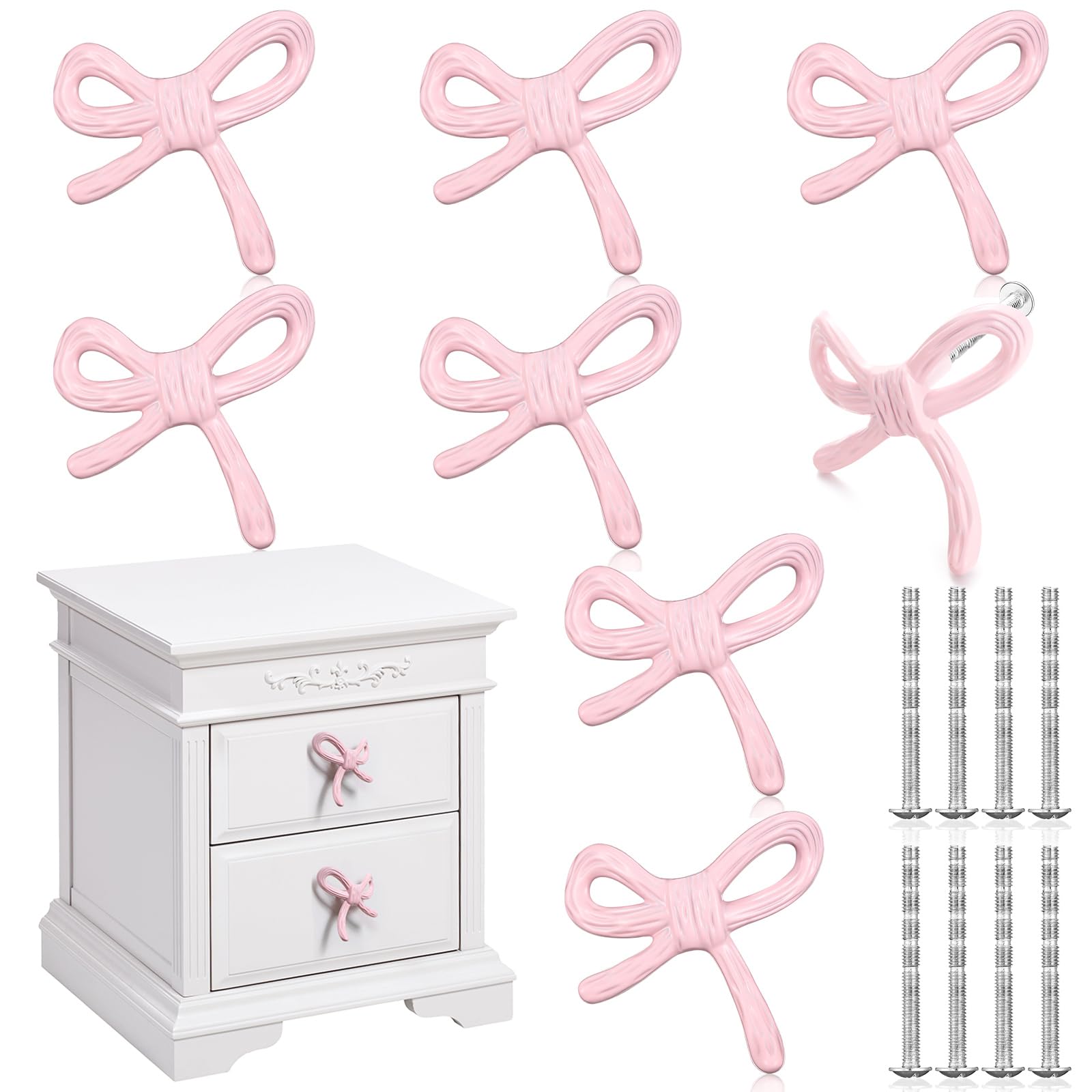 MorningRo 8 Pcs Bow Knobs for Dresser Matel Bow Drawer Knobs Vintage Dresser Handles Cabinet Drawer Pulls for Home Bedroom Kitchen Cabinets Hardware Cupboard (Pink,Classic Style)