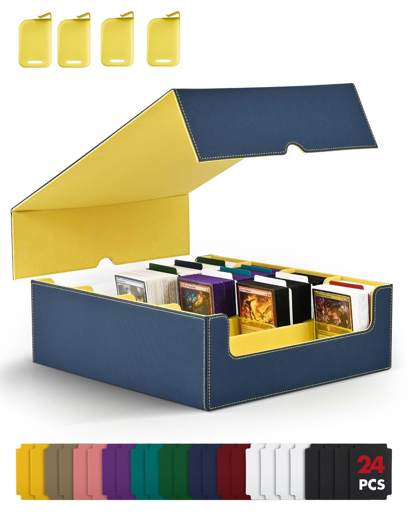 ZLCA Card Storage Box for MTG PTCG, Commander Deck Box Holds 3000+ Cards, Card Storage Case with 4 Stoppers, Card Organizer for TCG Sport Cards (Blue&Yellow)