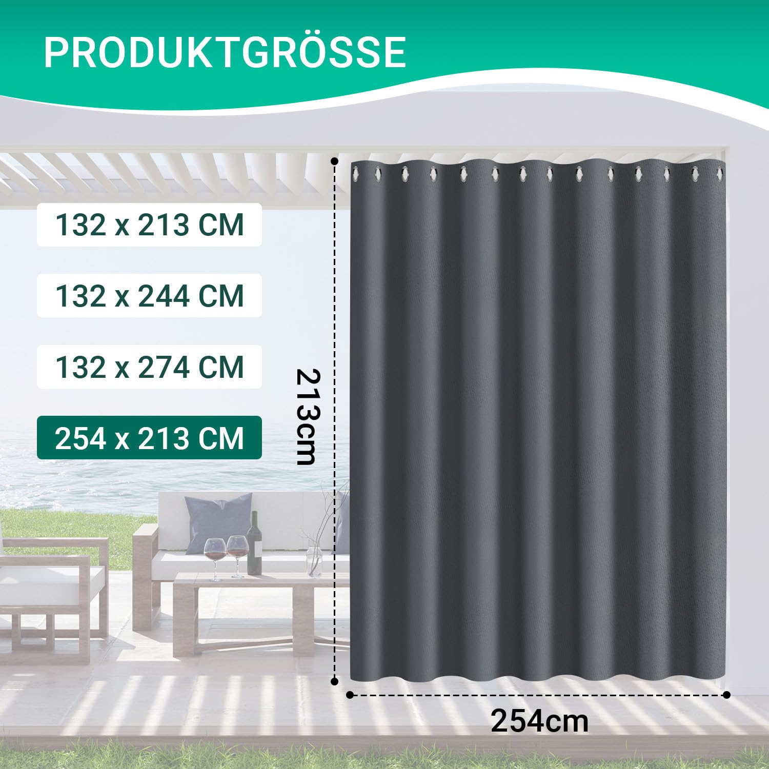 Lot de 2 rideaux d'extérieur opaques et imperméables avec œillets - 213 x 254 cm (H x l) - Résistant aux intempéries - Brise-vue - Protection solaire - Pour jardin, terrasse, balcon, pavillon