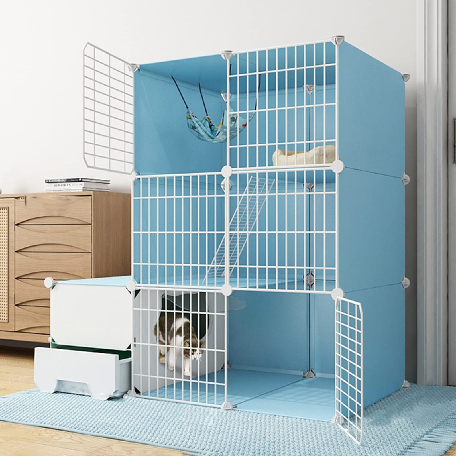 Cage pour chat amovible et modulable - Enclos métallique avec grand espace litière intérieur