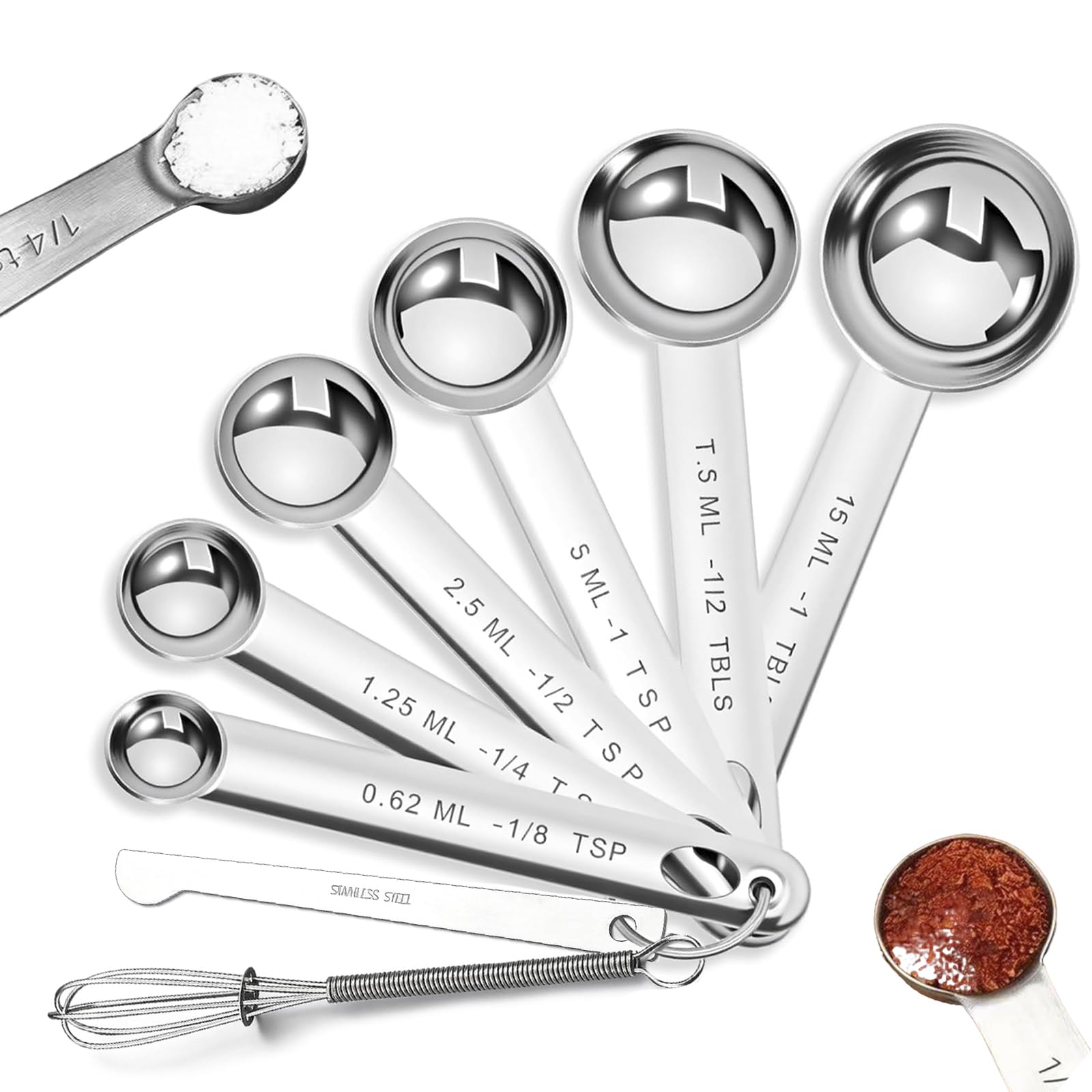 8PCS Stainless Steel Measuring Spoons Set, 304 Stainless Steel Measuring Spoons with Ruler, Premium Heavy Duty Food Grade Teaspoons Set for Cooking Baking Powders Spices Liquid Ingredients