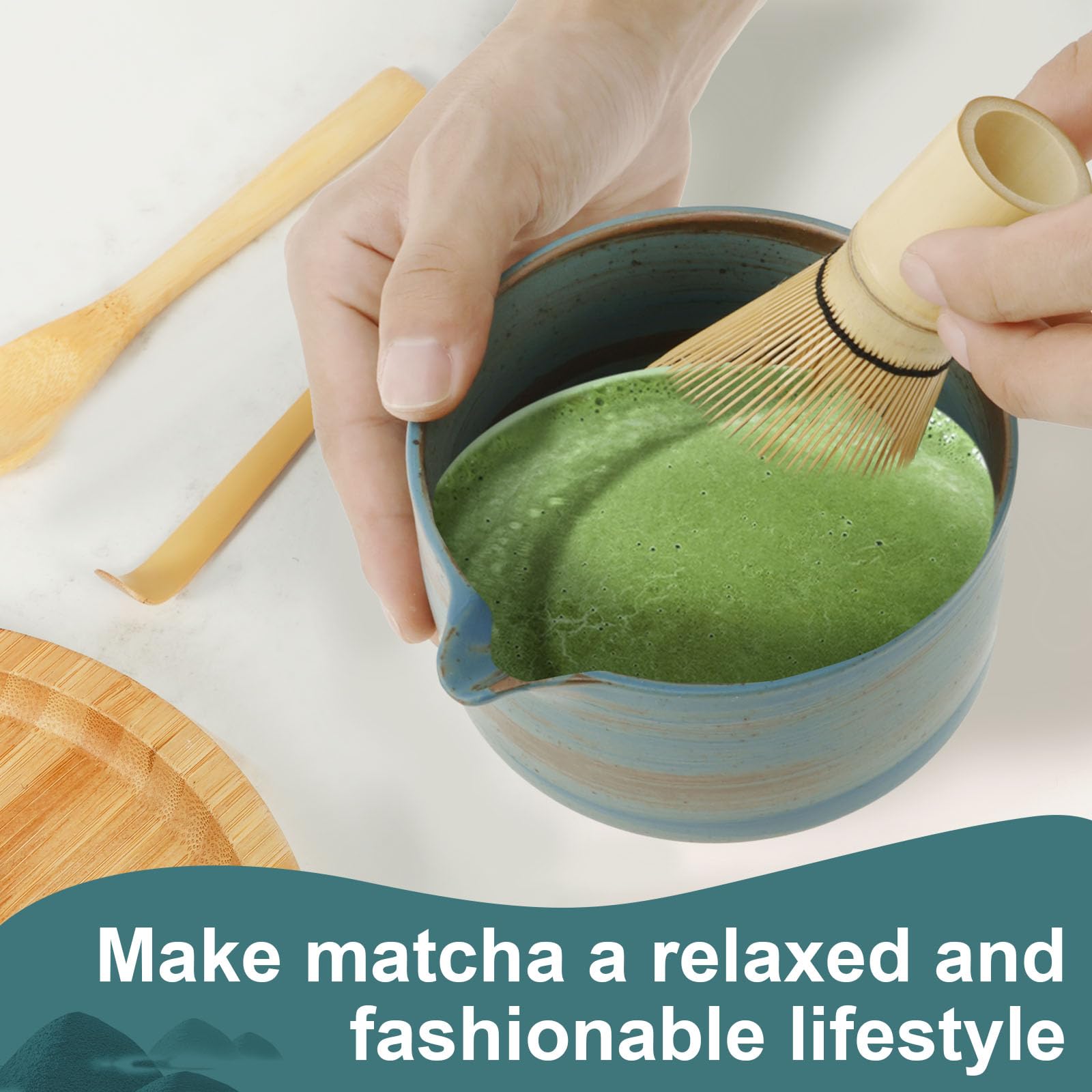 4Pcs Japanese Matcha Tea Set - Ceramic Bowl with Bamboo Whisk, Holder and Scoop Traditional Tea Ceremony Kit (F) - Image 4
