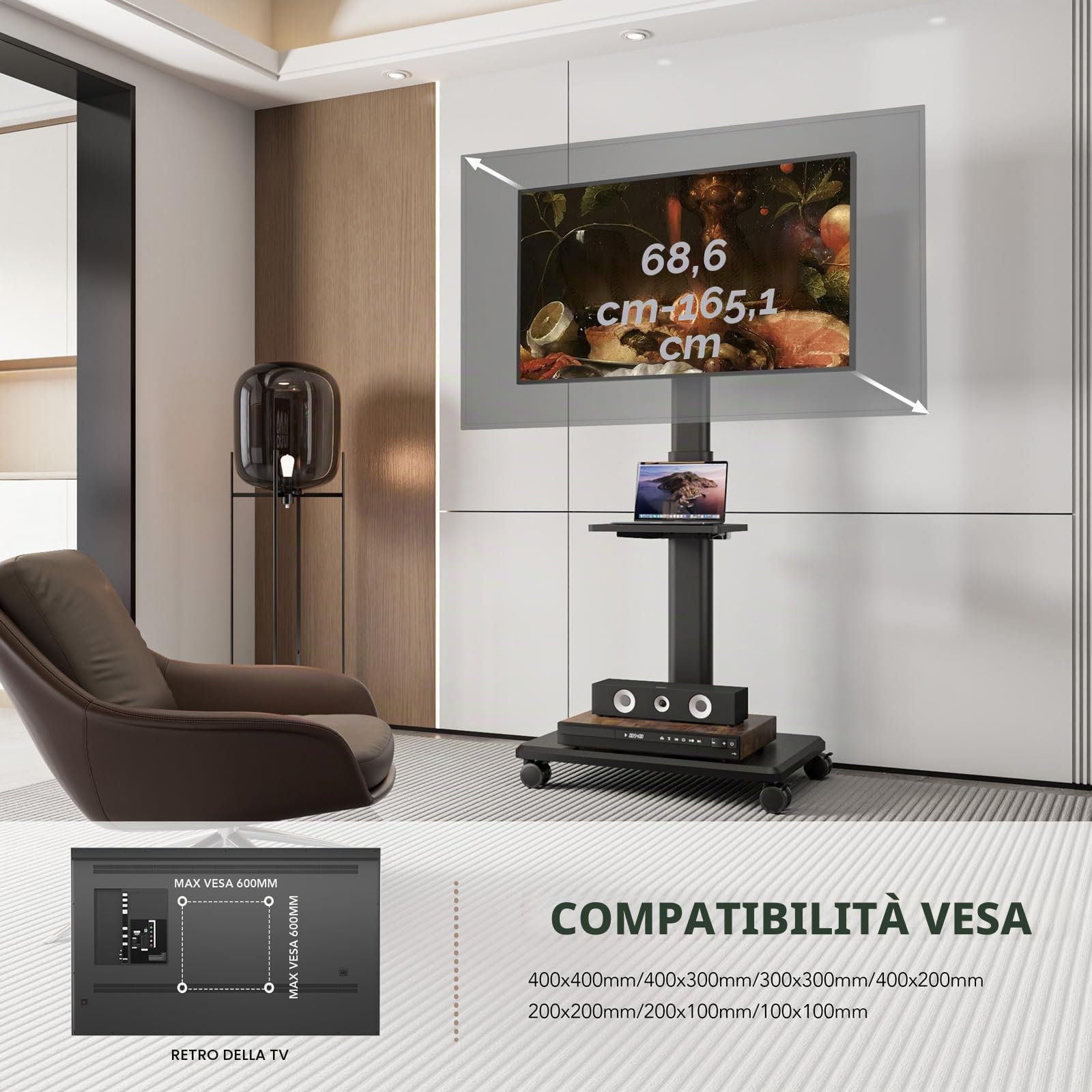 AX WABER Supporto TV da Pavimento Mobile con Ruote per TV 27-65 Pollici VESA 400x400 40 kg