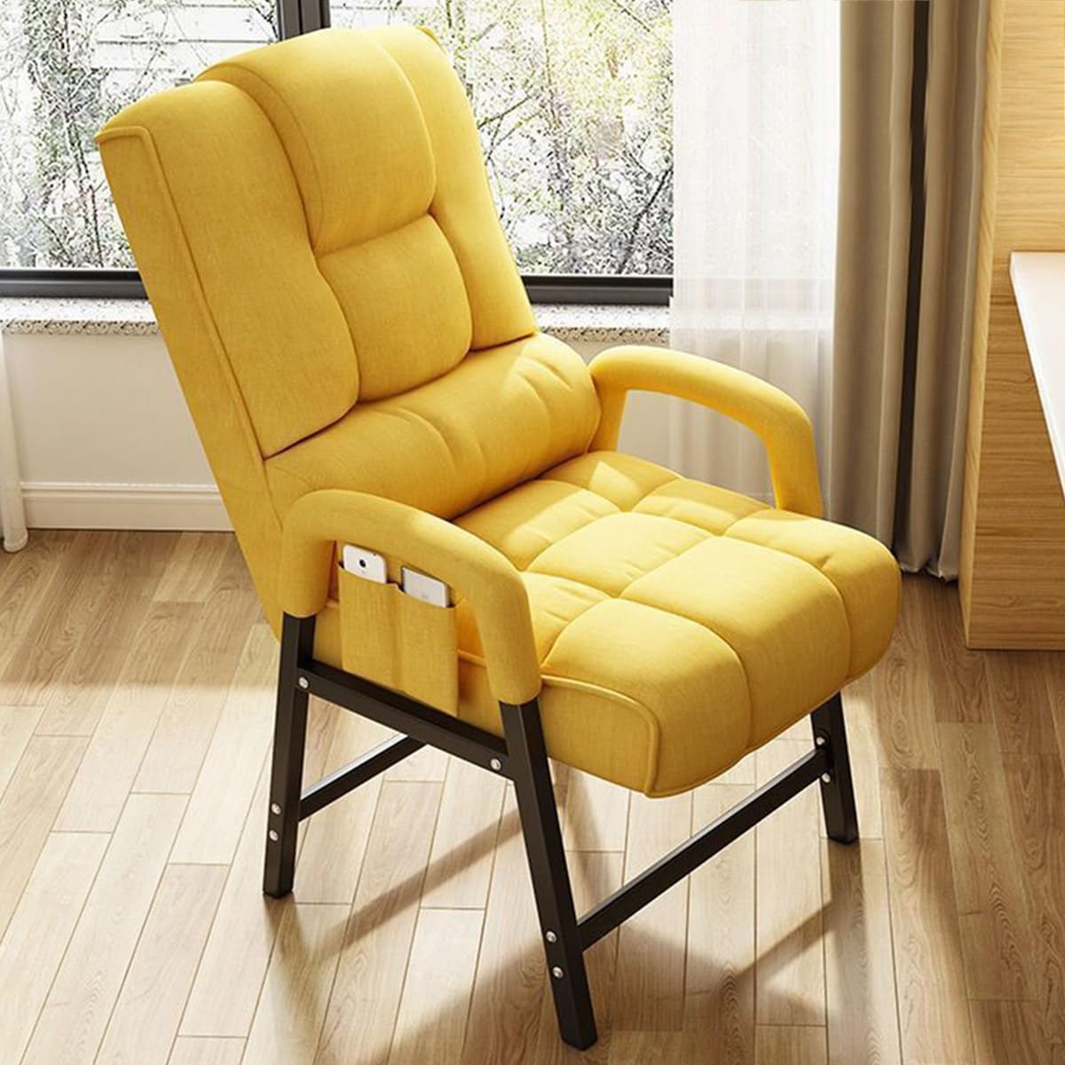 Mid Century Modern Accent Chair with Lumbar Support Metal Frame Reading Chair Upholstered Recliner Sofa with Headrest Comfortable Linen Fabric Office Chair (Yellow A)