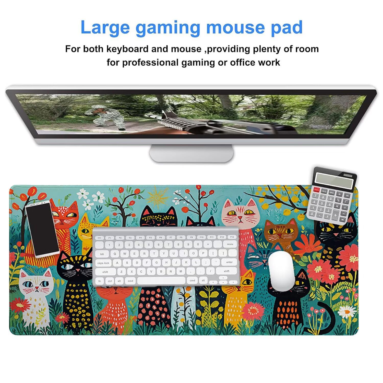 Gamingowa podkładka pod mysz 1200 x 600 mm, XXL, podkładka pod mysz, wydłużona, duża podkładka pod mysz, szyte krawędzie, antypoślizgowa gumowa podstawa, ochrona do biura domowego (kolor kreskówka kot