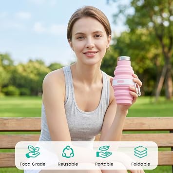 2-Pack Collapsible Water Bottle 475ml, Silicone Foldable Portable Bottle with Stainless Steel Lid, Reusable Leak-Proof for Travel Hiking Camping, Pink+Blue