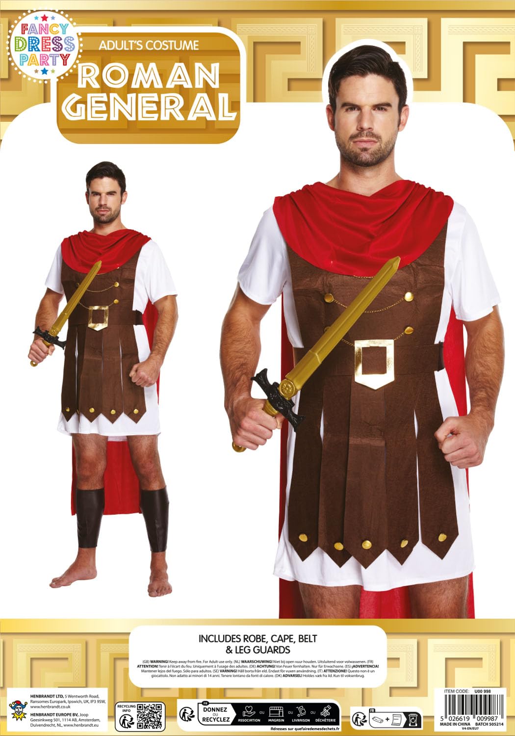 HENBRANDT Adult Men’s Roman General Fancy Dress Costume Spartan Fighter Roman Gladiator Centurion Cosplay Historical Dress Up Outfit Mens Fancy Dress Costume