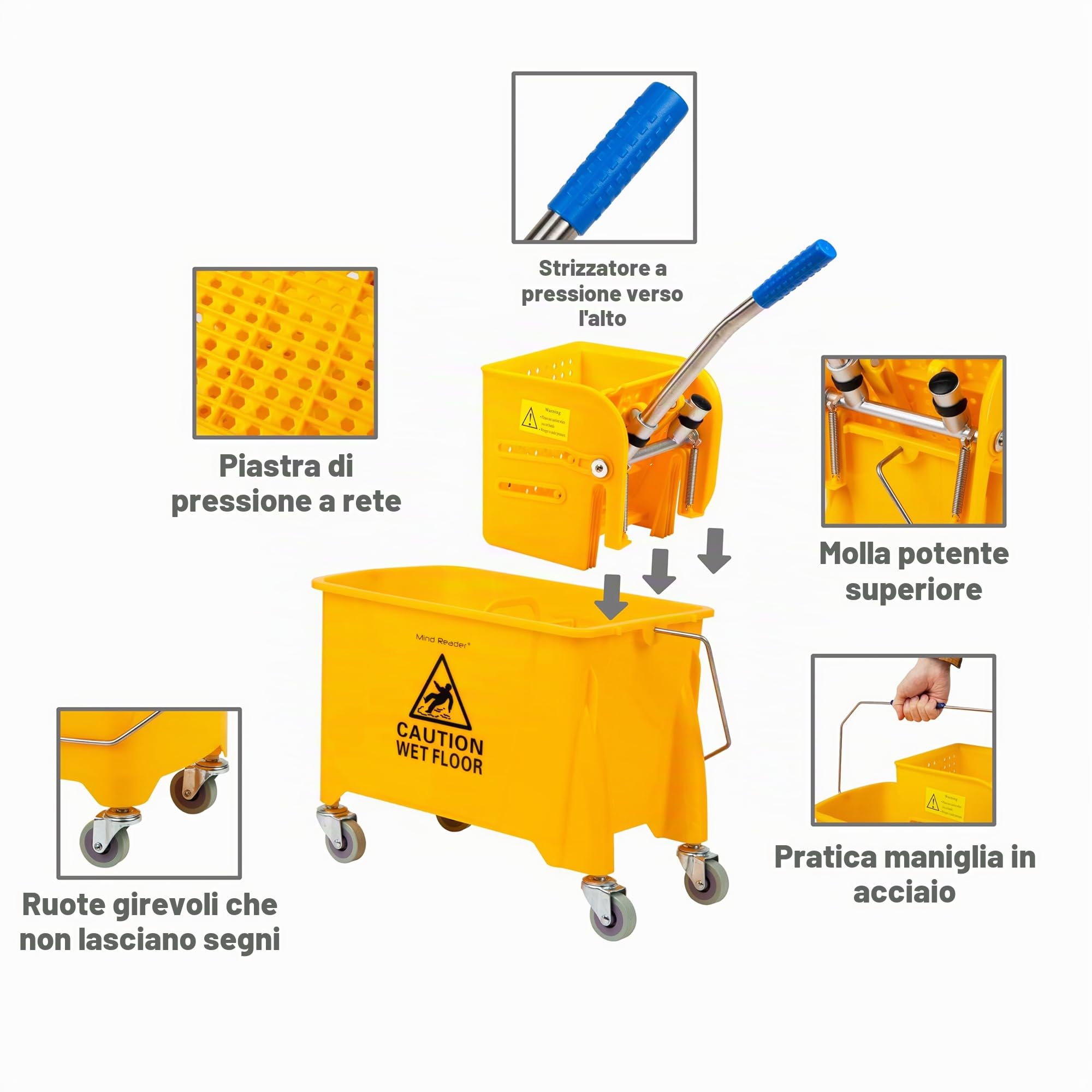 Mind Reader Secchio mobile per mocio resistente con strizzatore verso l'alto, capacità 22 litri, 41 cm di lunghezza x 27 cm di larghezza x 61 cm di altezza, giallo