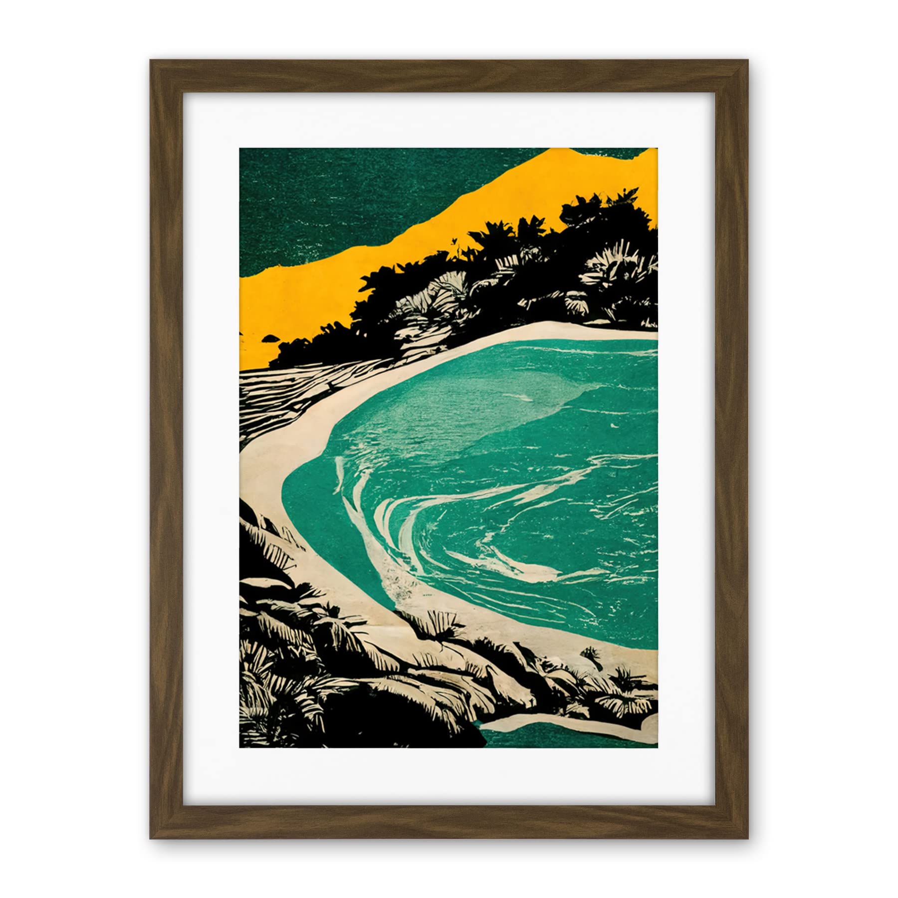 Wee Blue Coo Beach Lagoon Abstract Marbled Seascape Mustard Teal Artwork Framed Wall Art Print 18X24 Inch