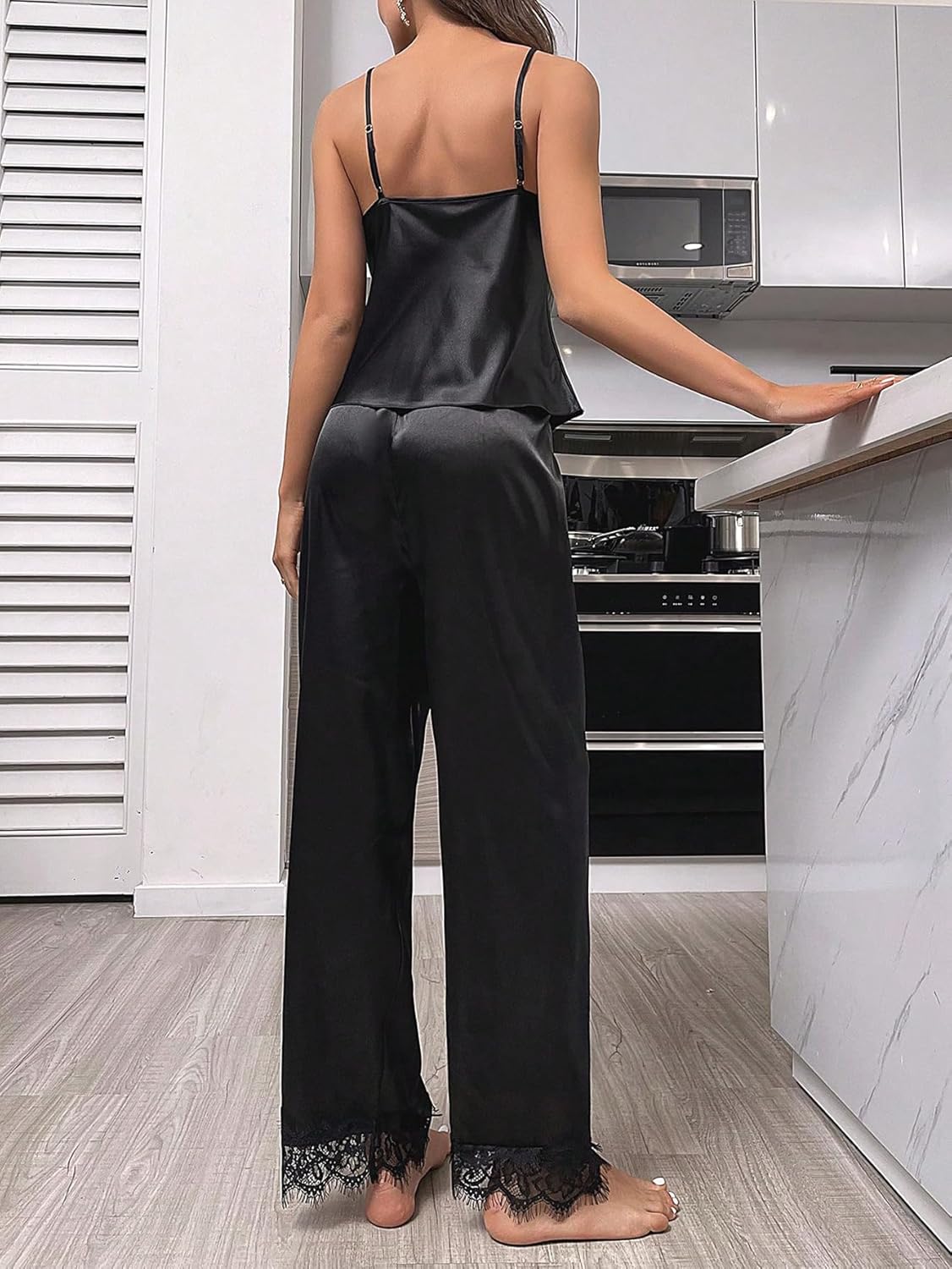 OYOANGLE Women's Silk Satin Lace Pajamas Sleeveless Pjs Set 2 Piece V Neck Cami and Pants Loungewear Sleepwear - Image 2