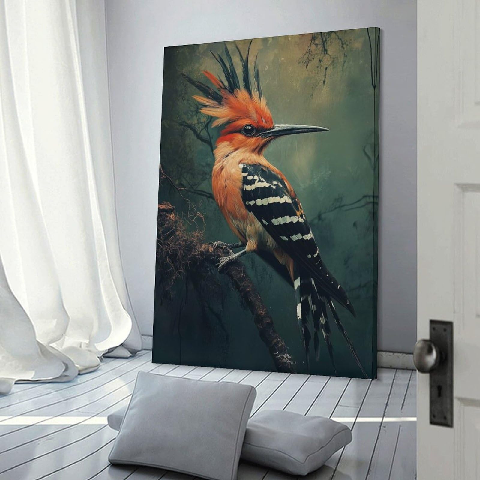 Junmoney Frame-Style-18 Decorative Wall Artwork Hoopoe Bird On Branch, 24X36inch(60X90cm), For Sofa Walls, Lounge Or Home Corners, Modern Wall Decor For Cosy Interiors