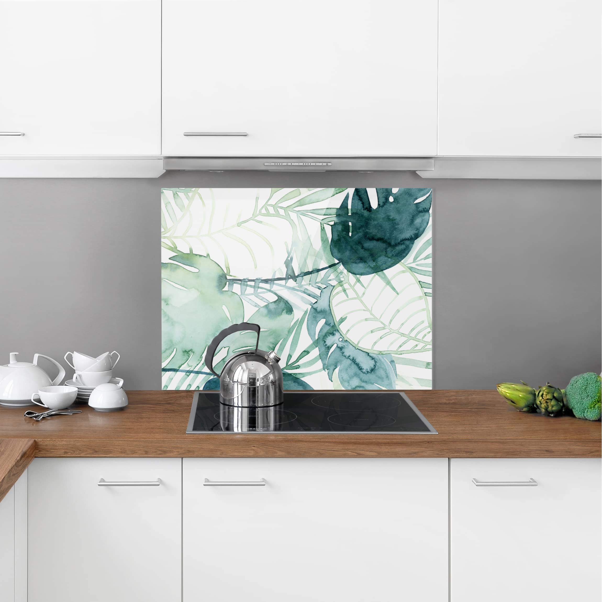 Fond de hotte avec support épaisseur 4mm à motifs crédence cuisine plantes verre trempé panneau mural vert crédence en verre aquarelle style tropical cuisine 3342 (80x59cm)