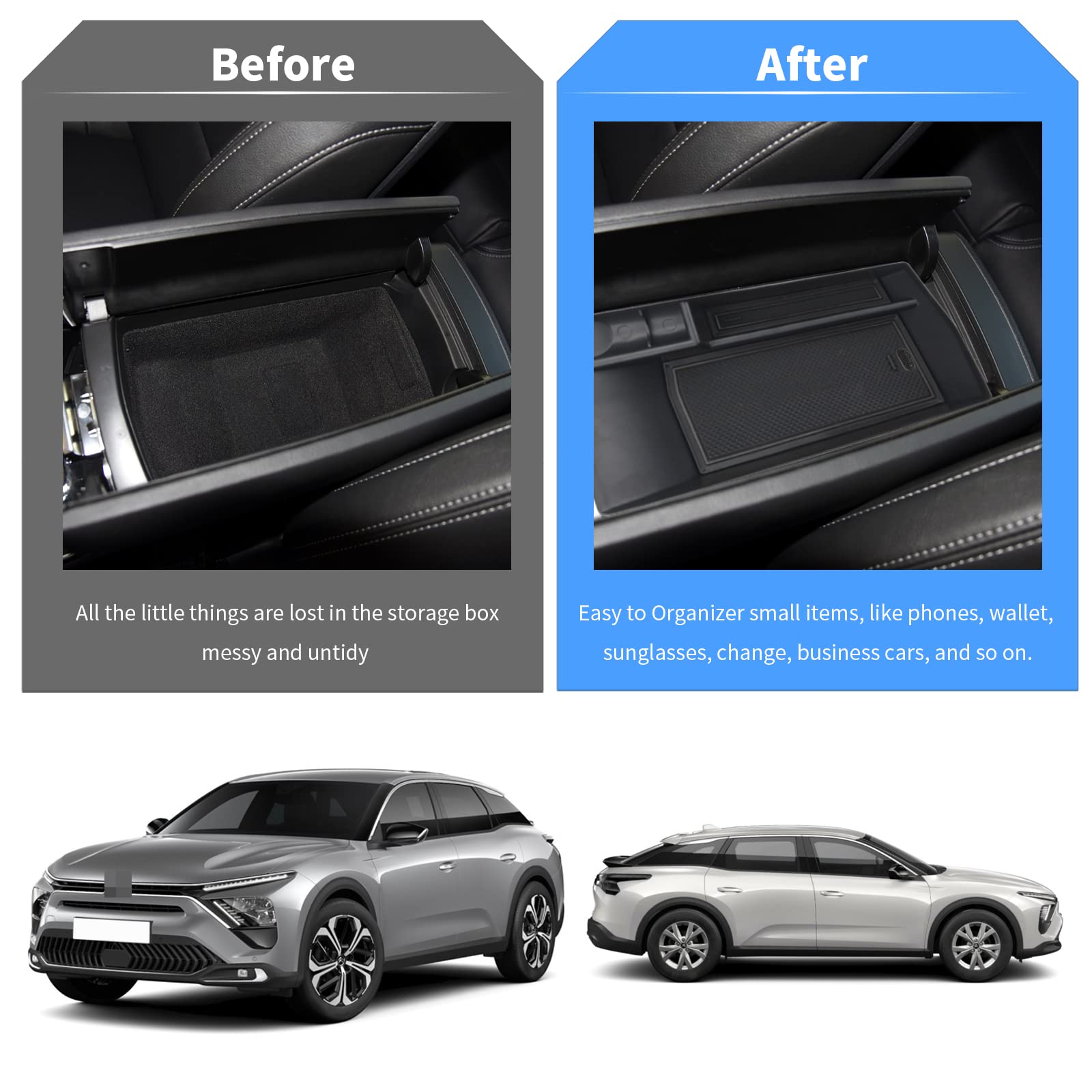 YEE PIN Compatibile con Citroen C5 X 2022+ / Peugeot 308 SW P5 2021+ scatola portaoggetti per console centrale organizer per bracciolo con tappetino antiscivolo